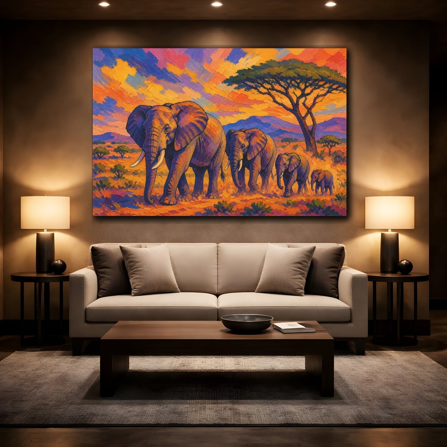 Mockup 2. Nature Elephants At Sunset shown as canvas print