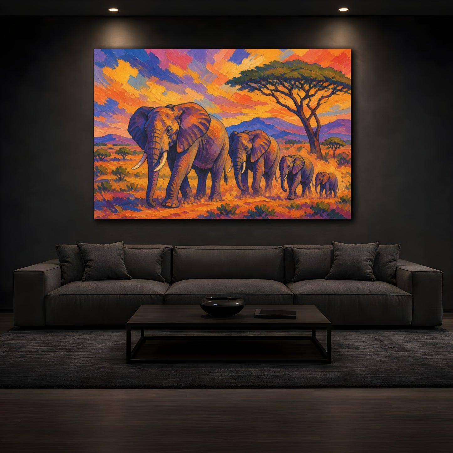 Mockup 3. Nature Elephants At Sunset shown as canvas print