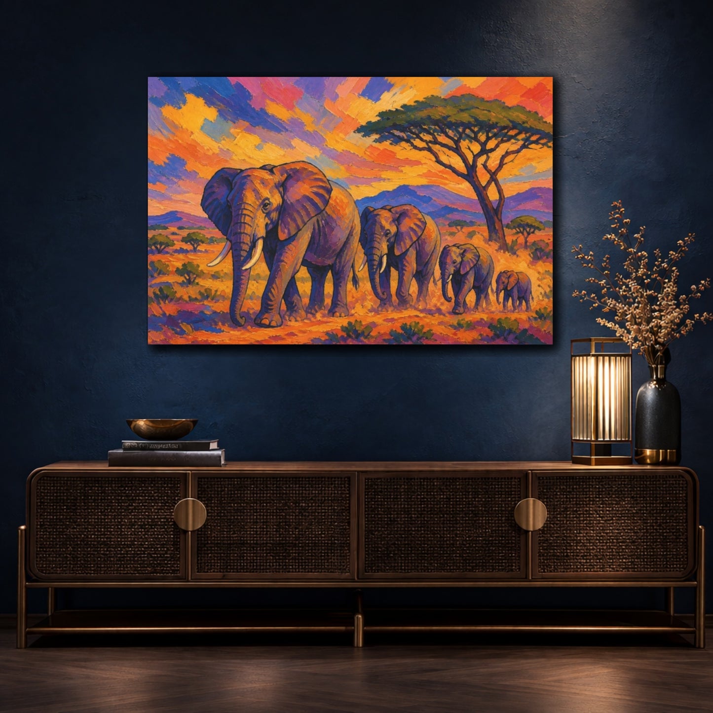 Mockup 4. Nature Elephants At Sunset shown as canvas print