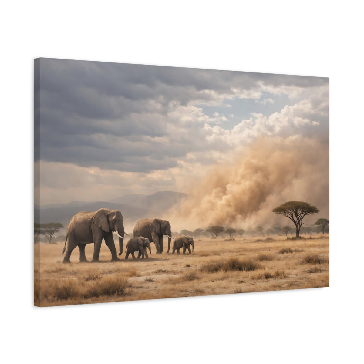 Side Mockup 2. Nature Elephants Dusty Elephants shown as stretched canvas wall art