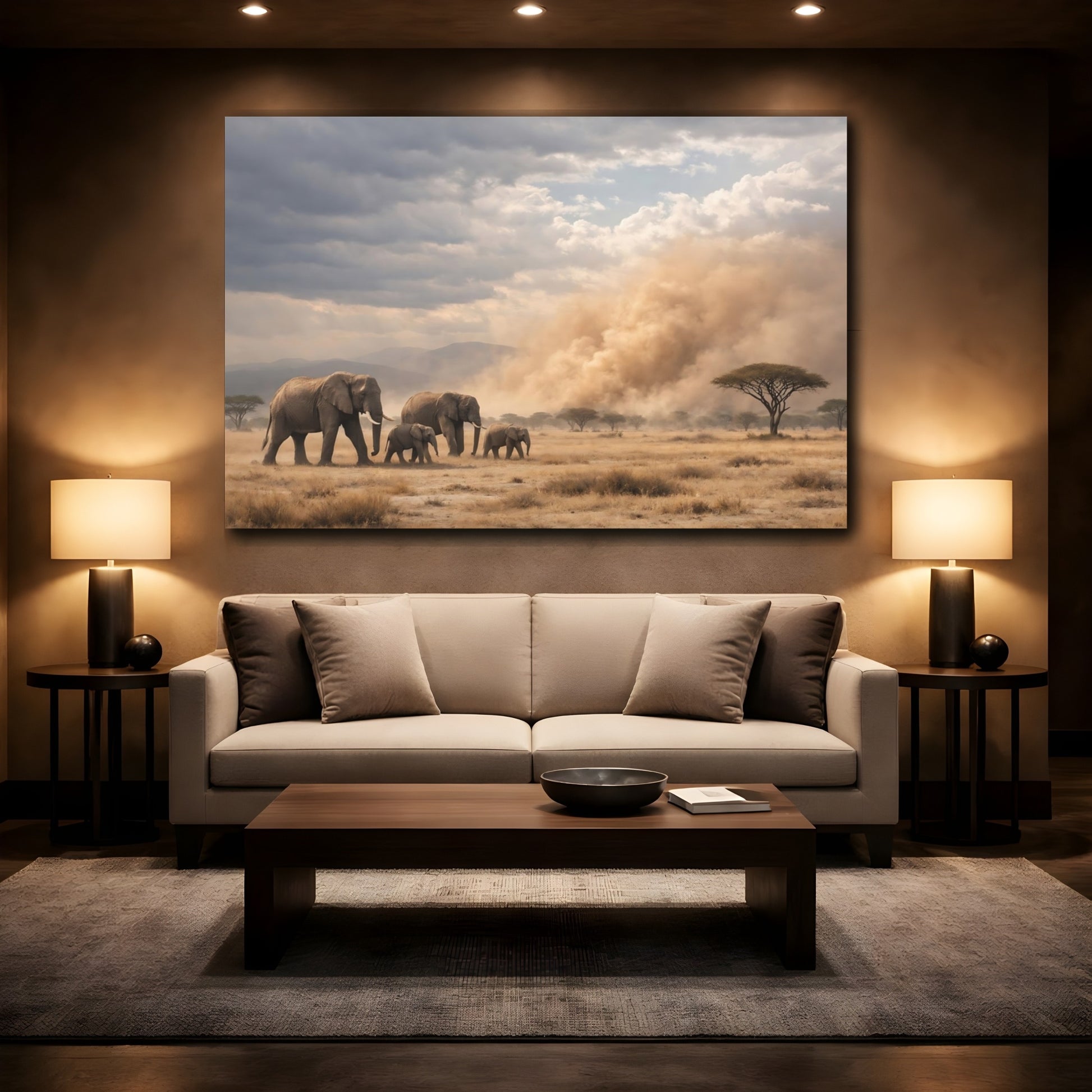 Mockup 2. Nature Elephants Dusty Elephants shown as stretched canvas wall art