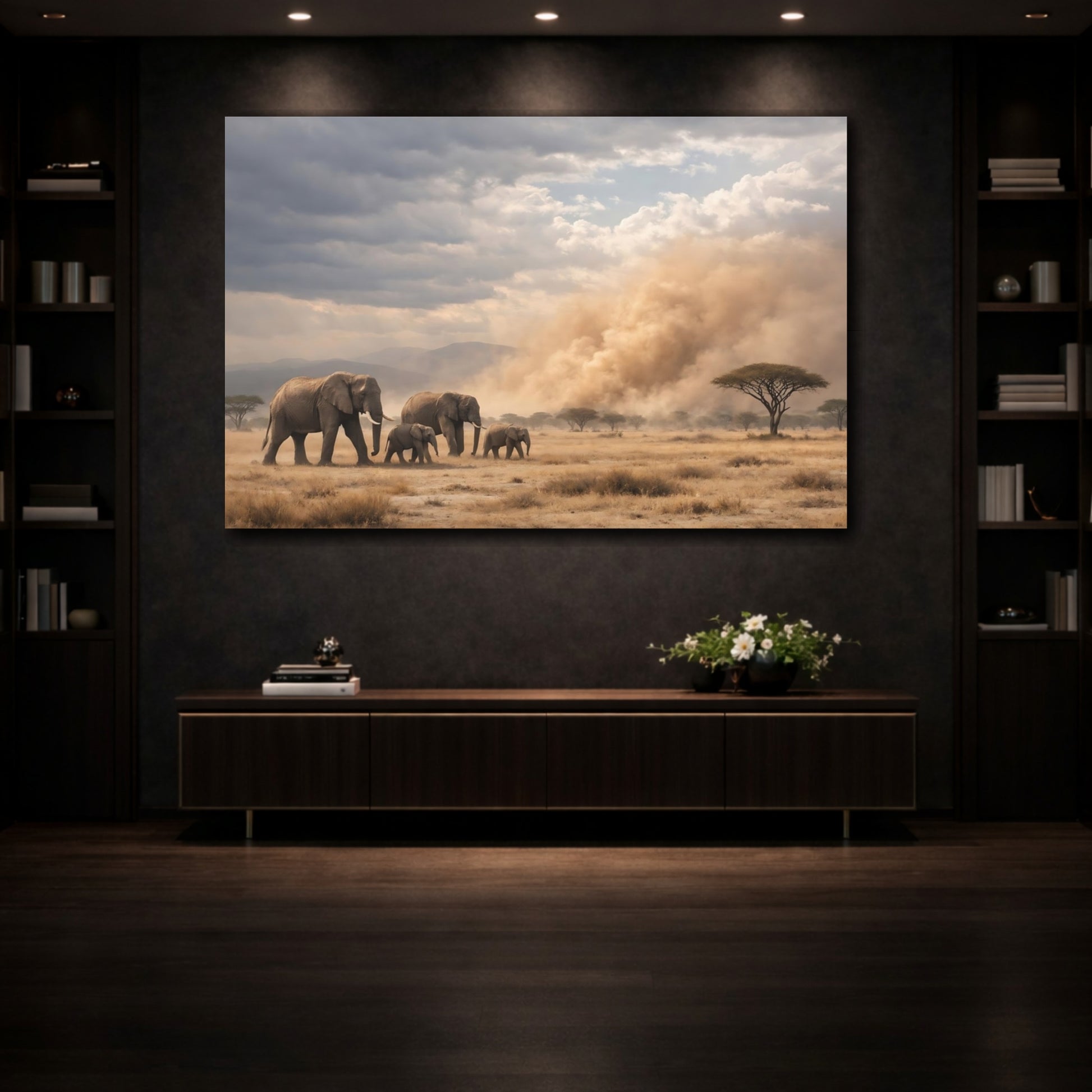 Mockup 3. Nature Elephants Dusty Elephants shown as stretched canvas wall art