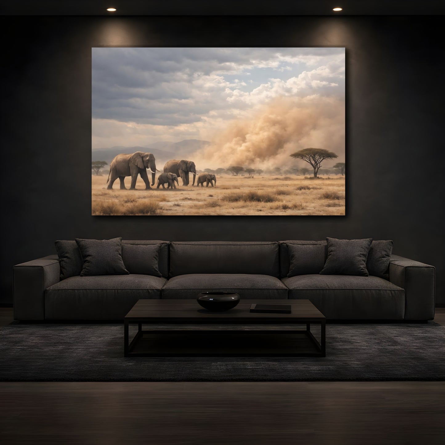 Mockup 4. Nature Elephants Dusty Elephants shown as stretched canvas wall art