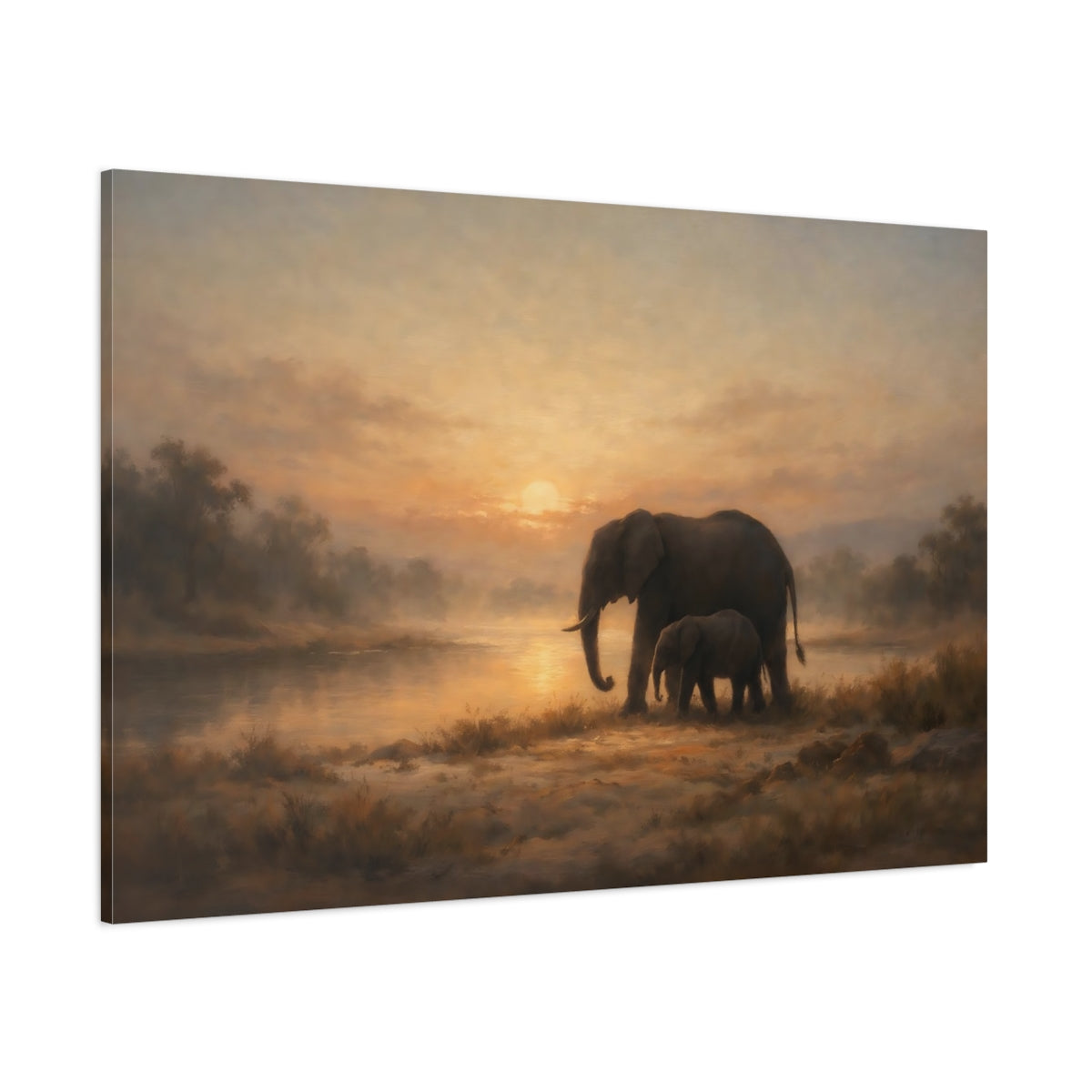 Main Mockup. Nature Elephants Warm Sunset Elephants shown as stretched canvas wall art
