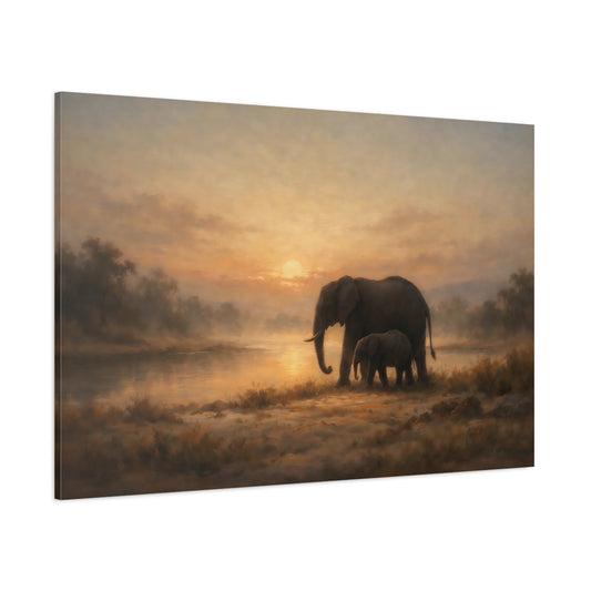 Main Mockup. Nature Elephants Warm Sunset Elephants shown as stretched canvas wall art