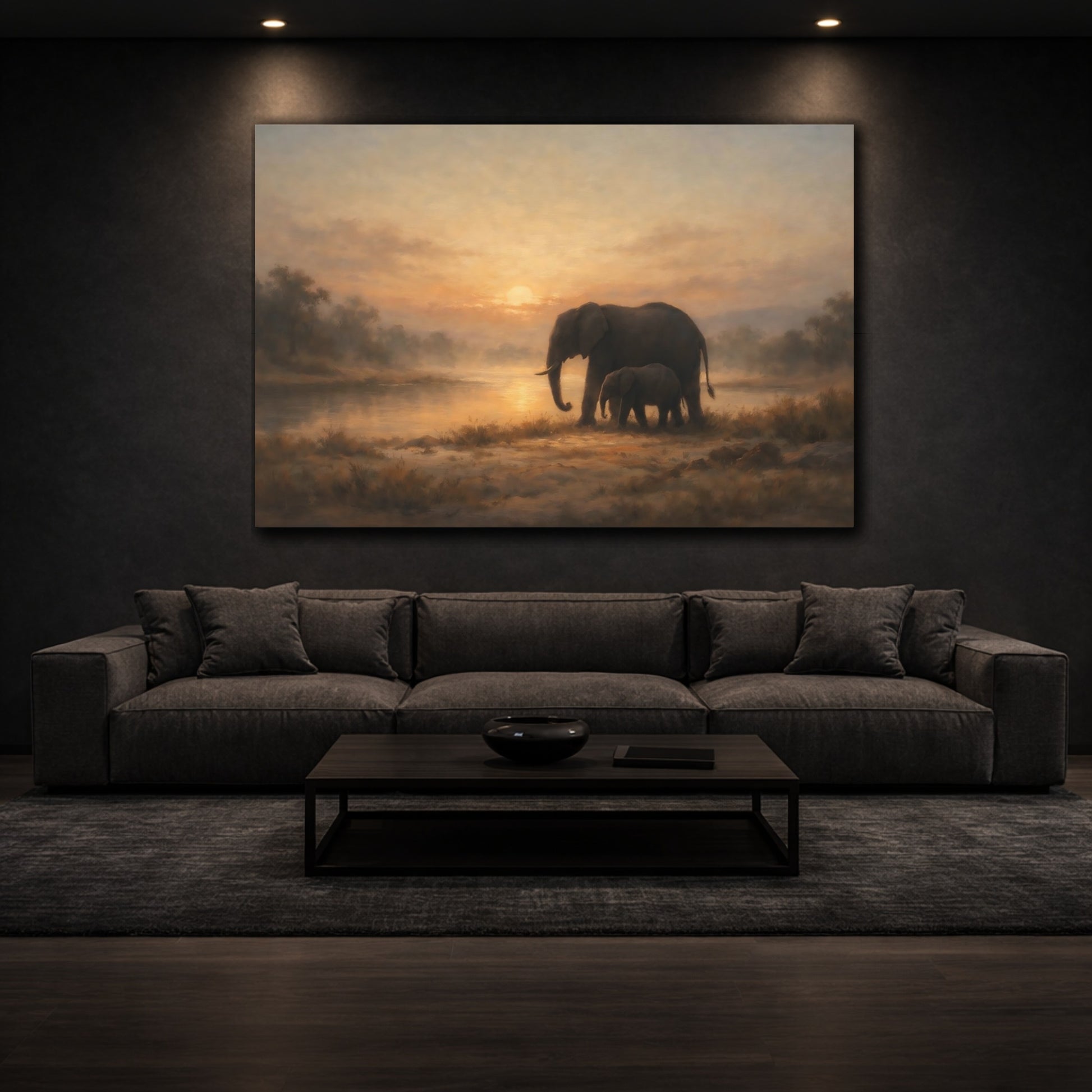 Mockup 2. Nature Elephants Warm Sunset Elephants shown as stretched canvas wall art