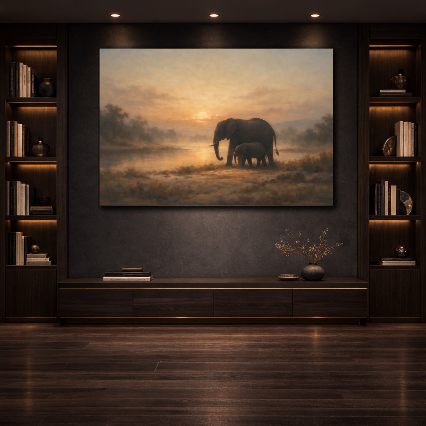 Mockup 3. Nature Elephants Warm Sunset Elephants shown as stretched canvas wall art