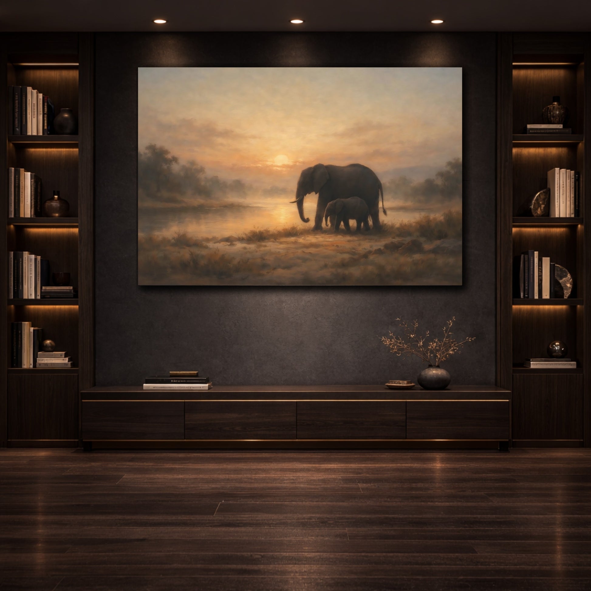 Mockup 3. Nature Elephants Warm Sunset Elephants shown as stretched canvas wall art