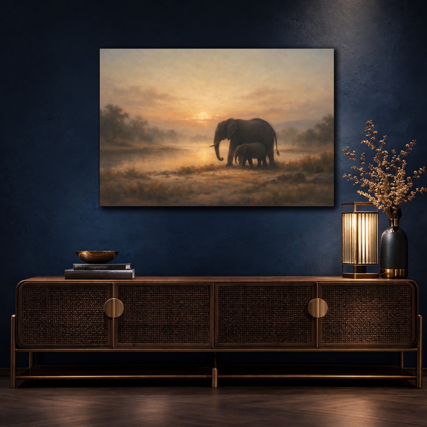 Mockup 4. Nature Elephants Warm Sunset Elephants shown as stretched canvas wall art