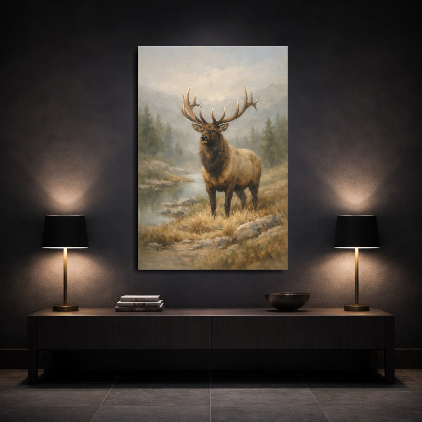 Mockup 2. Nature Elk Brown And Grey shown as stretched canvas wall art