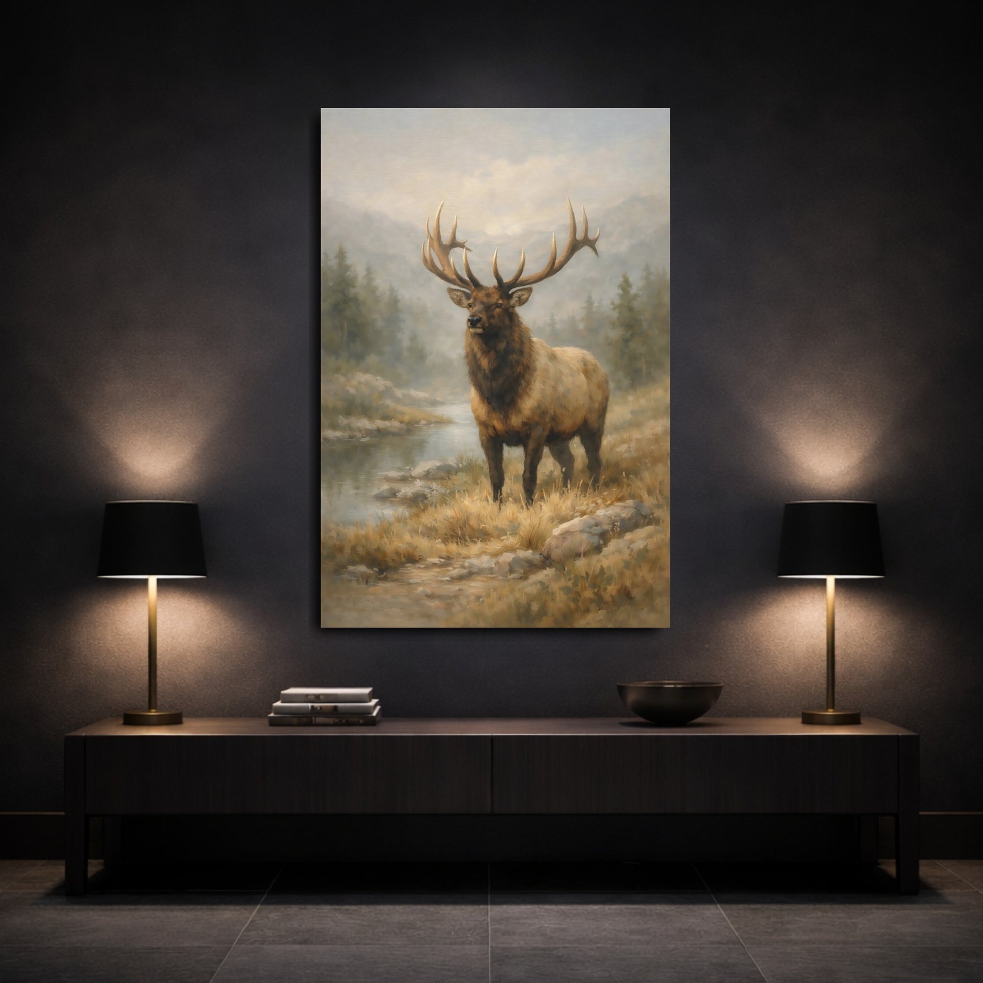 Mockup 2. Nature Elk Brown And Grey shown as stretched canvas wall art