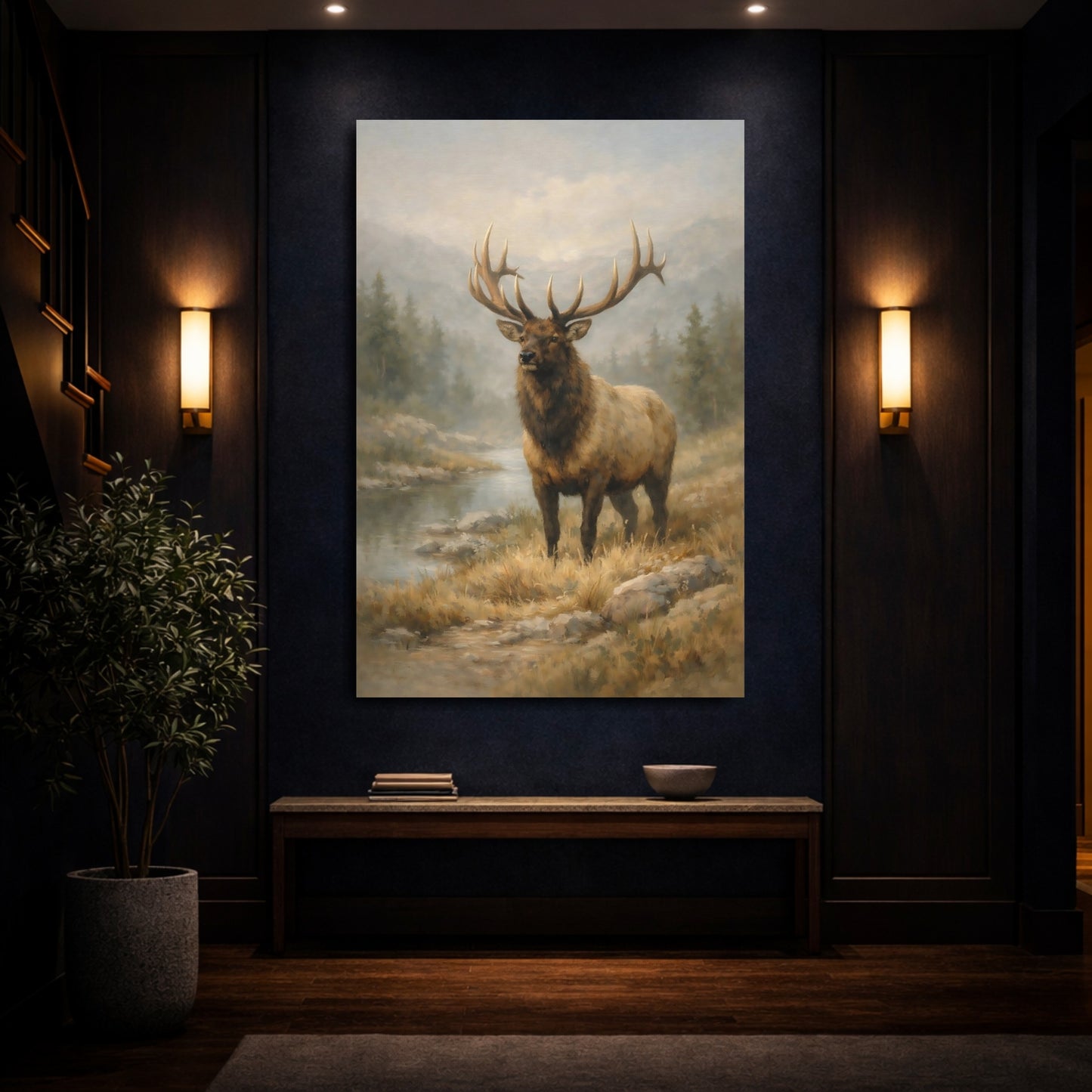Mockup 3. Nature Elk Brown And Grey shown as stretched canvas wall art