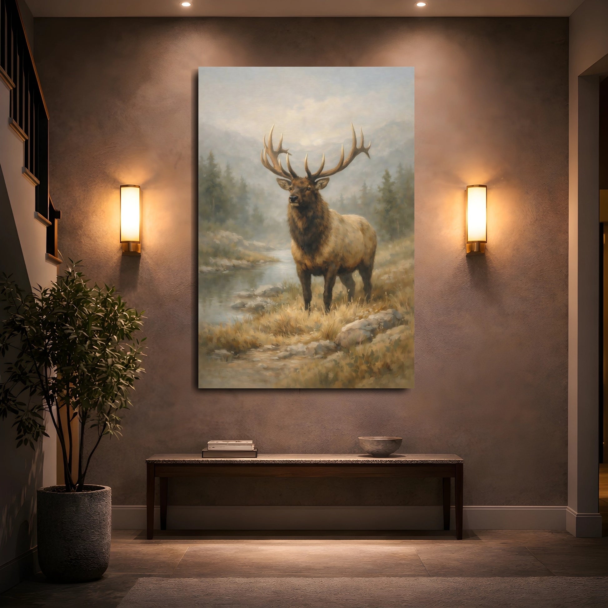 Mockup 4. Nature Elk Brown And Grey shown as stretched canvas wall art