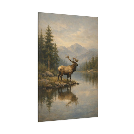 Main Mockup. Nature Elk Elk Mountain Lake shown as stretched canvas wall art