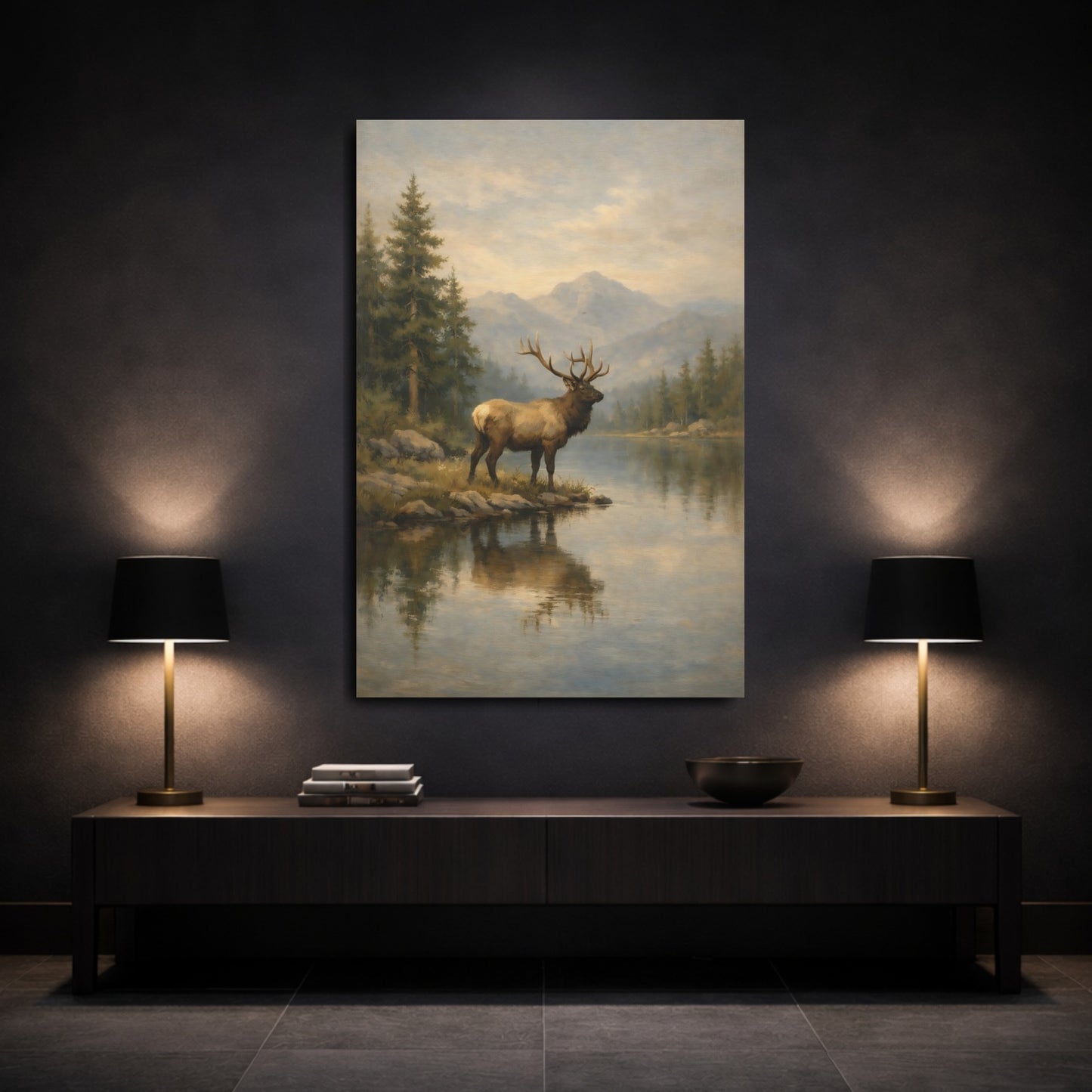 Mockup 2. Nature Elk Elk Mountain Lake shown as stretched canvas wall art