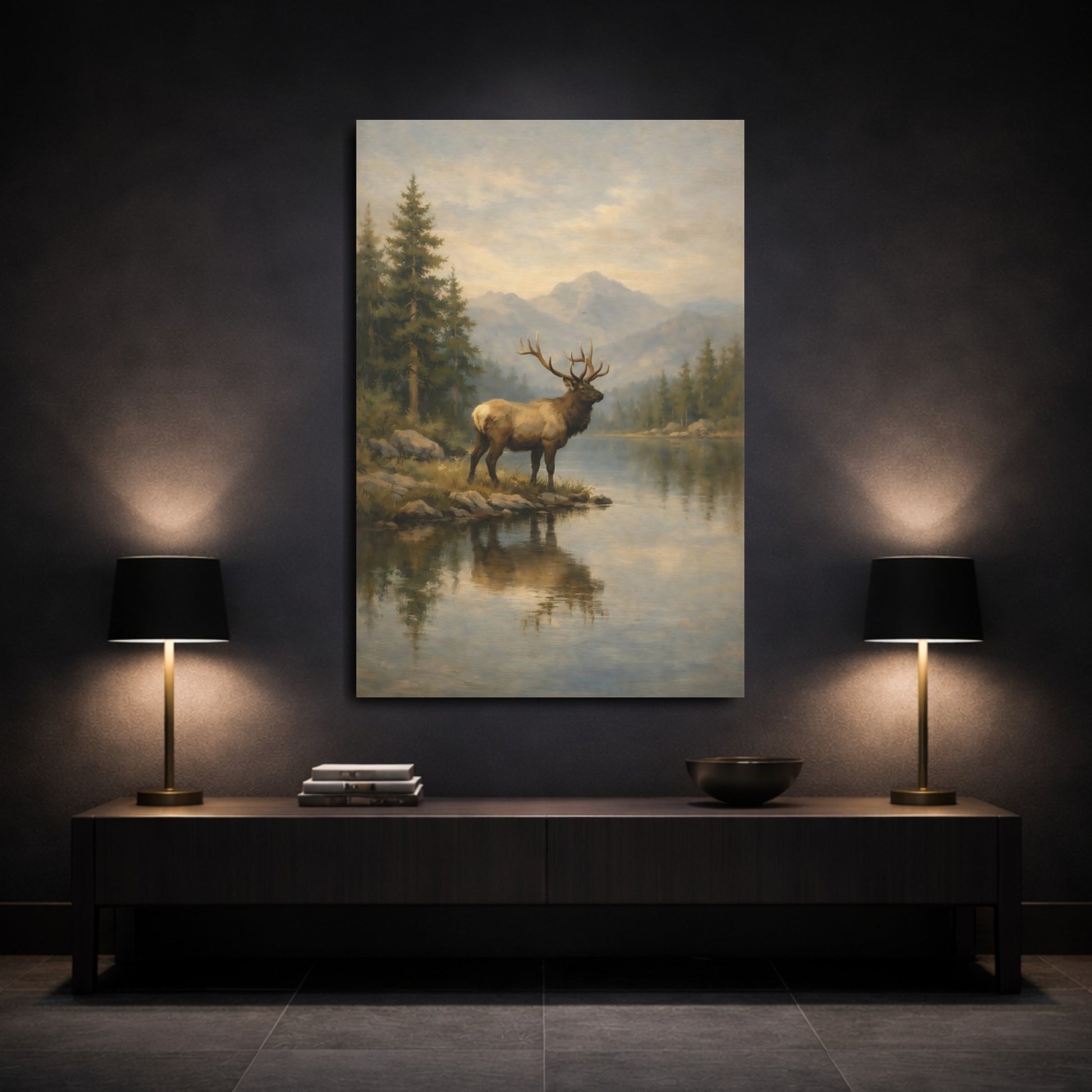 Mockup 2. Nature Elk Elk Mountain Lake shown as stretched canvas wall art