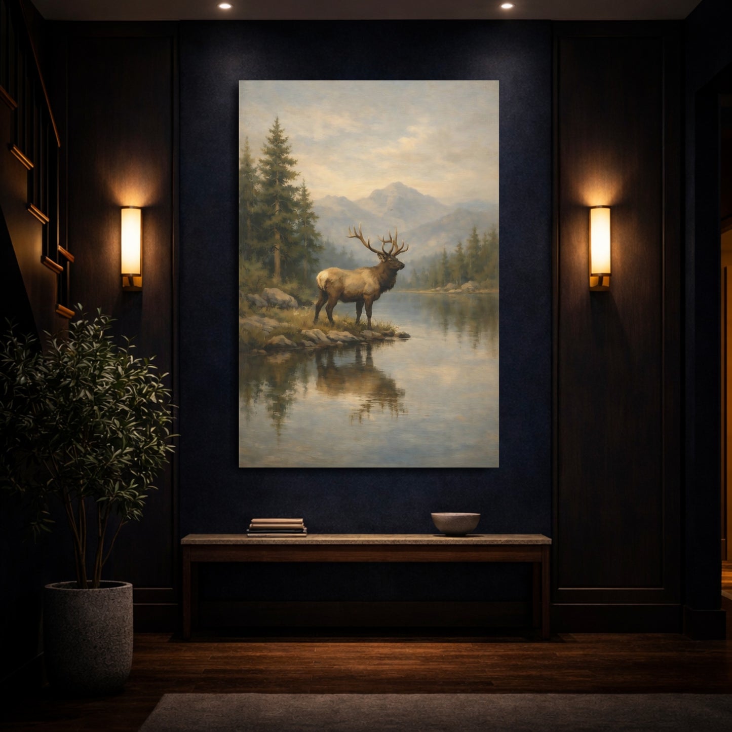 Mockup 3. Nature Elk Elk Mountain Lake shown as stretched canvas wall art