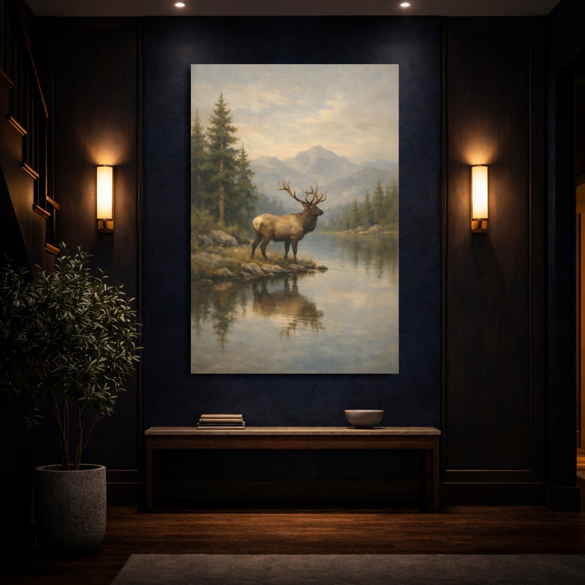 Mockup 3. Nature Elk Elk Mountain Lake shown as stretched canvas wall art