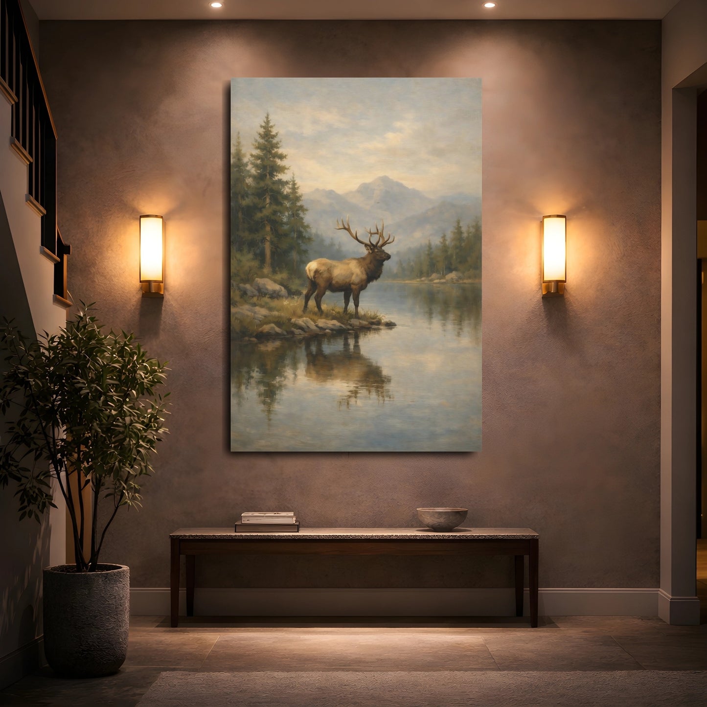 Mockup 4. Nature Elk Elk Mountain Lake shown as stretched canvas wall art
