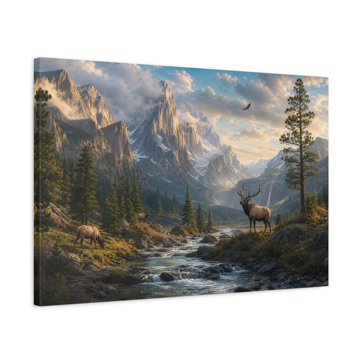 Side Mockup 2. Nature Elk Green Brown Landscape shown as stretched canvas wall art