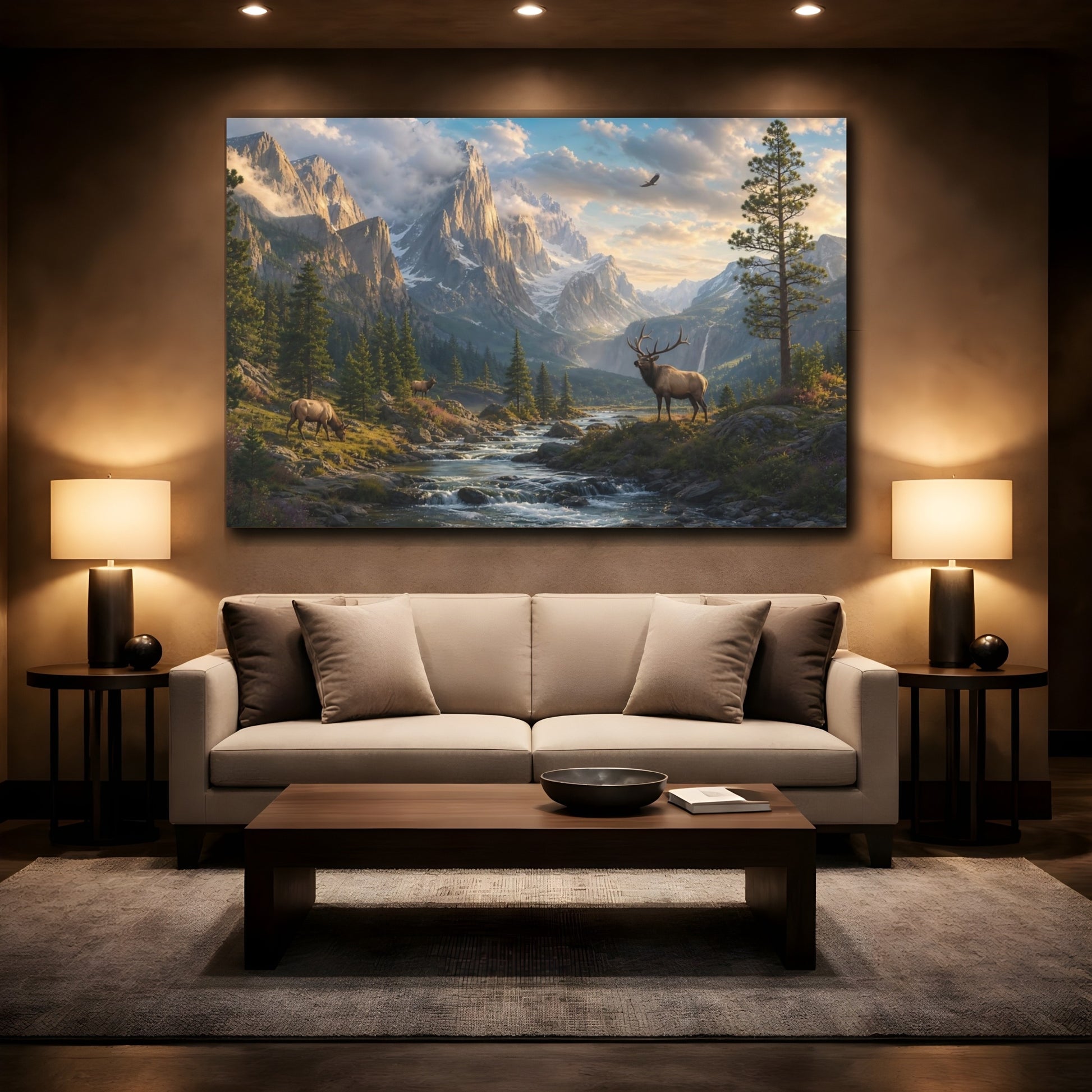 Mockup 2. Nature Elk Green Brown Landscape shown as stretched canvas wall art