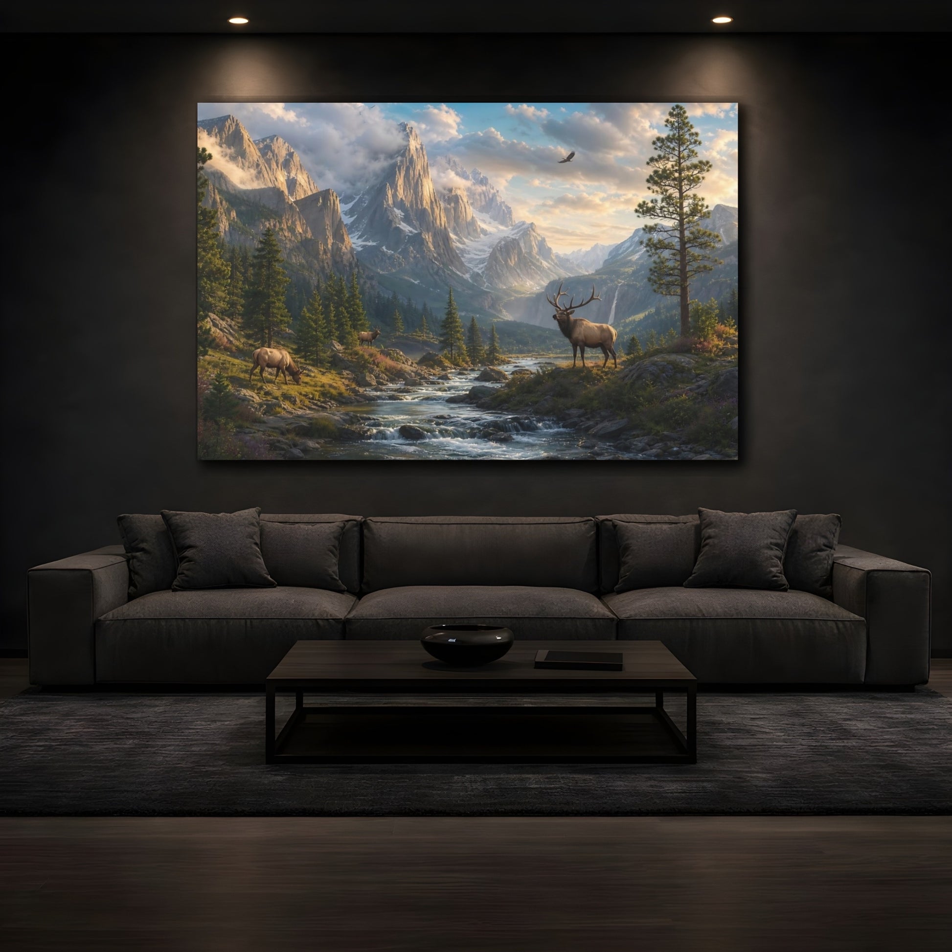 Mockup 3. Nature Elk Green Brown Landscape shown as stretched canvas wall art