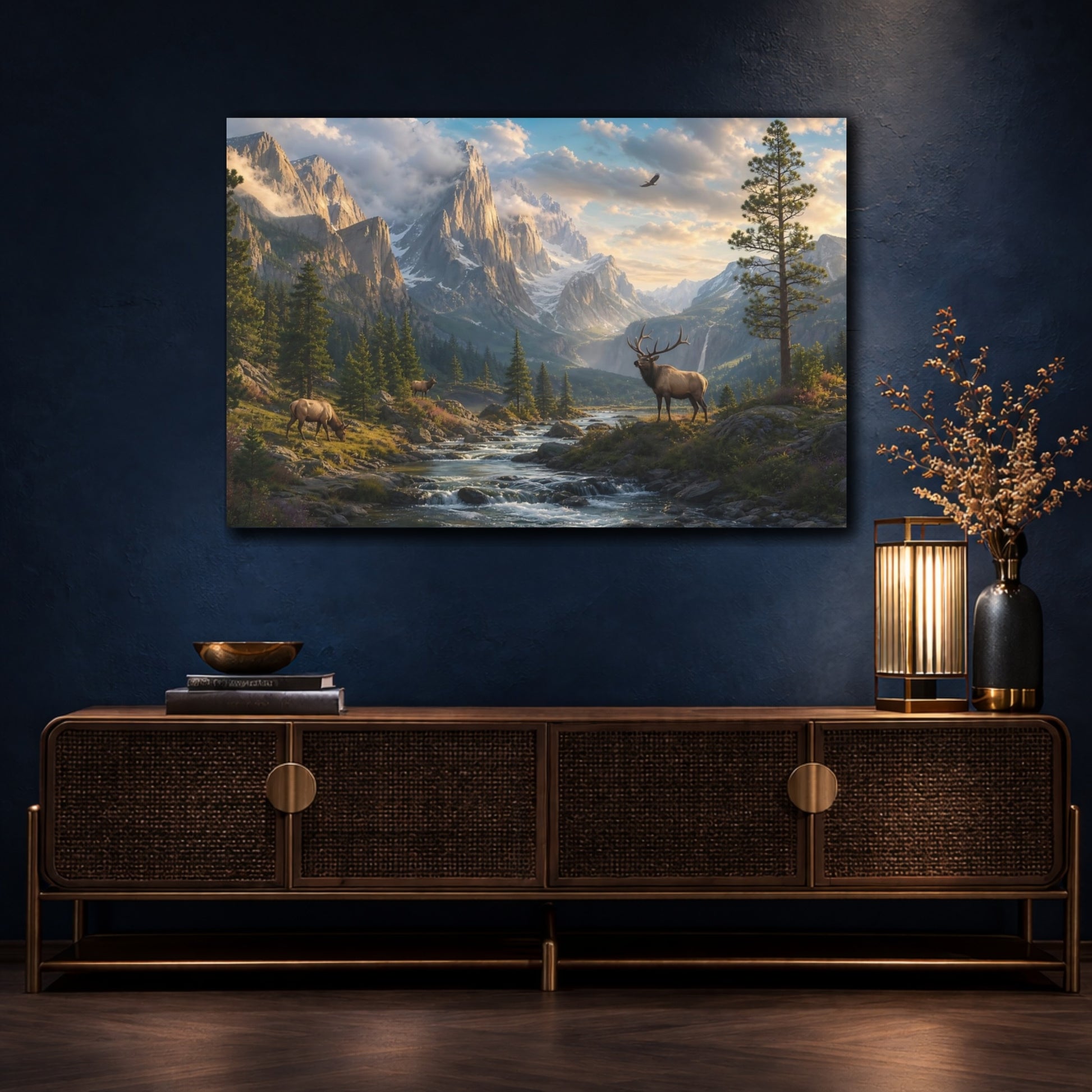 Mockup 4. Nature Elk Green Brown Landscape shown as stretched canvas wall art