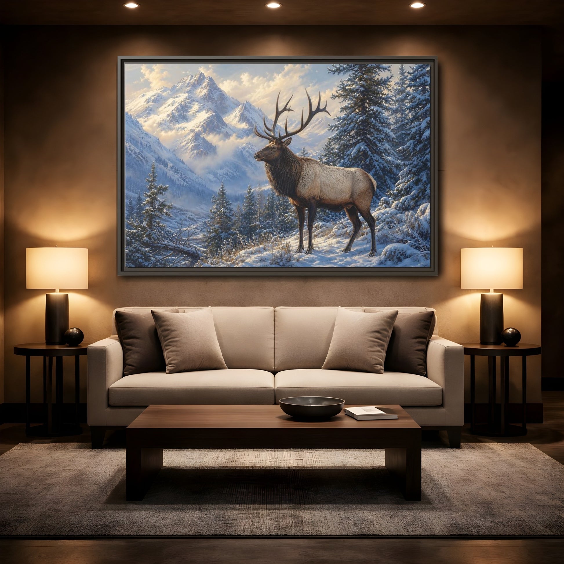 Mockup 2. Nature Elk Winter Mountain Elk shown as stretched canvas wall art