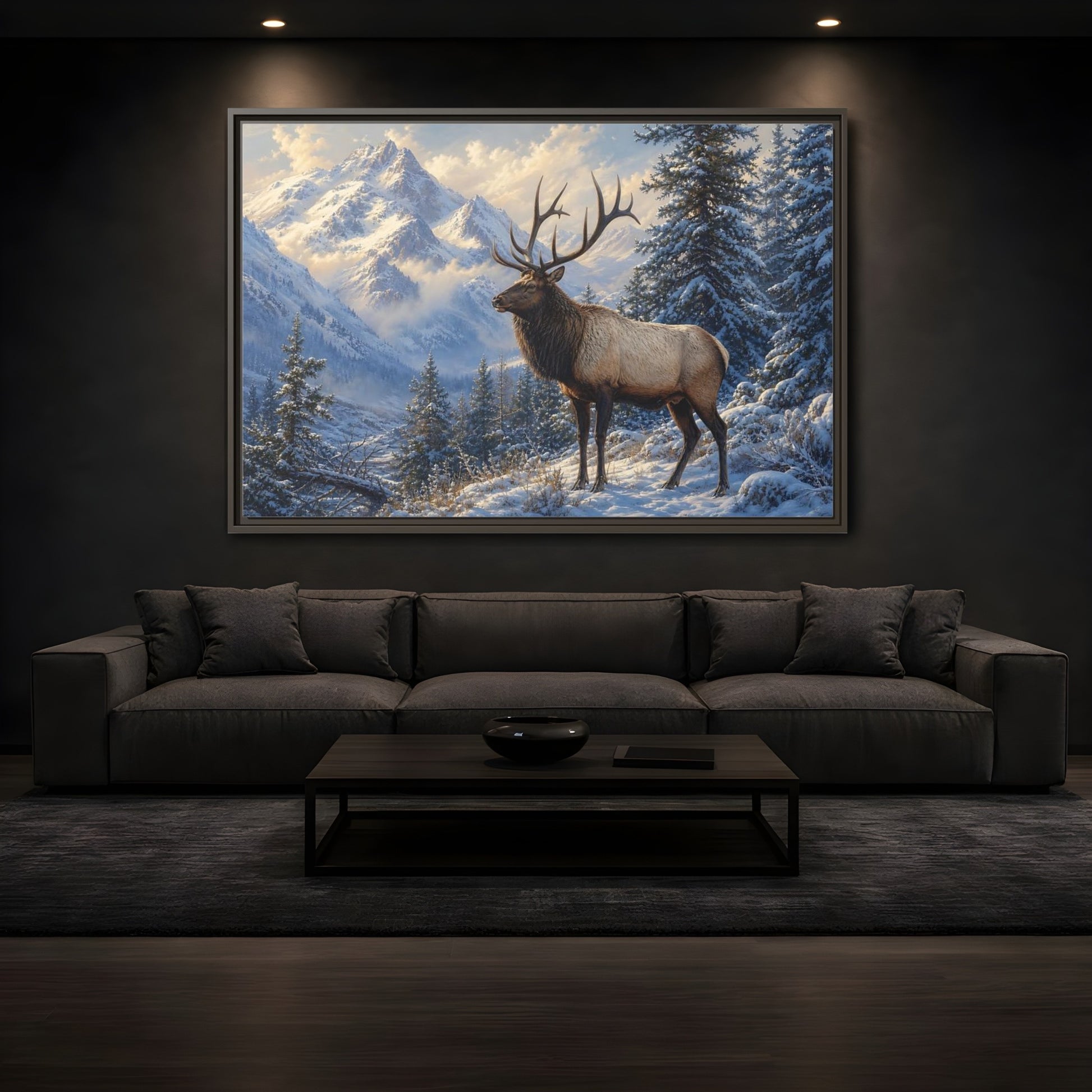Mockup 3. Nature Elk Winter Mountain Elk shown as stretched canvas wall art