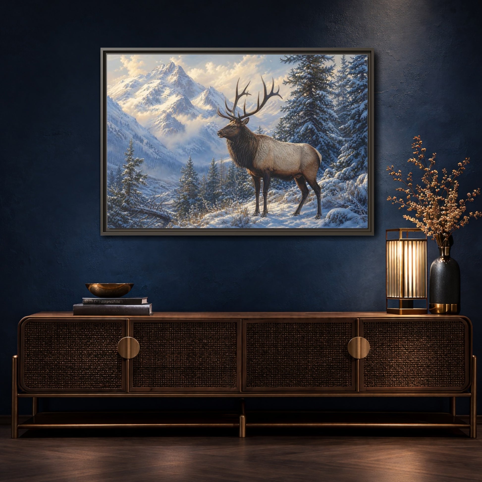 Mockup 4. Nature Elk Winter Mountain Elk shown as stretched canvas wall art