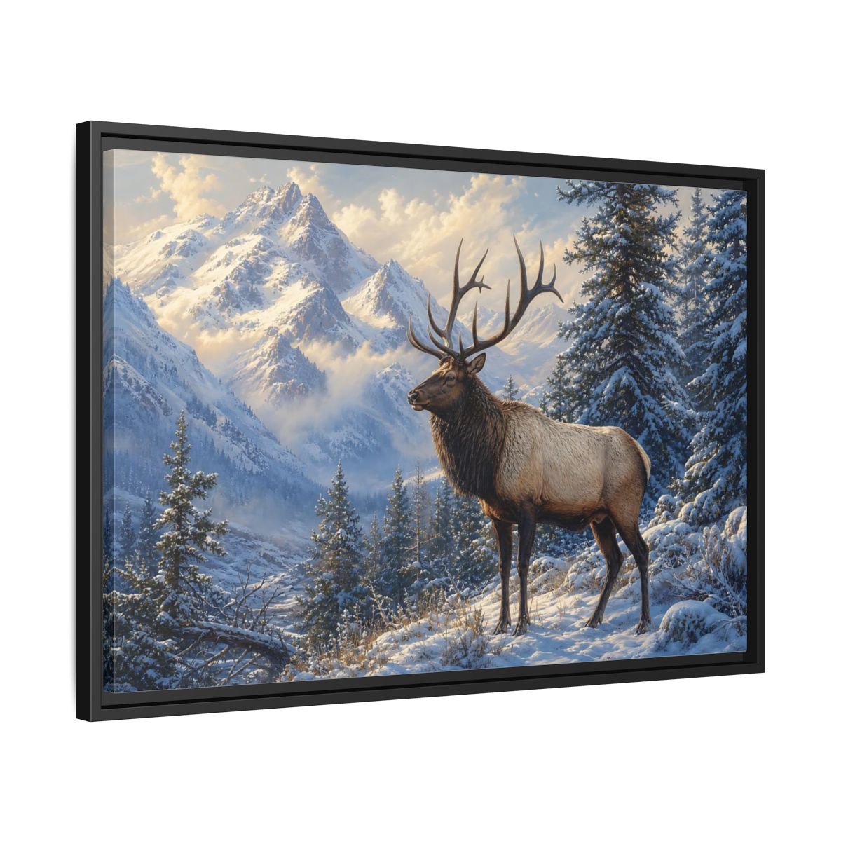 Side Mockup 14. Nature Elk Winter Mountain Elk shown as stretched canvas wall art
