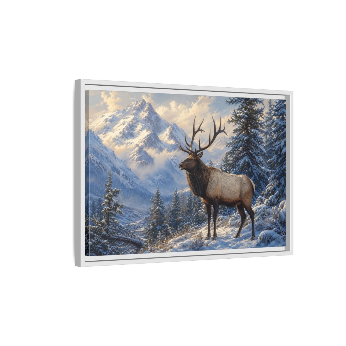 Side Mockup 1. Nature Elk Winter Mountain Elk shown as stretched canvas wall art