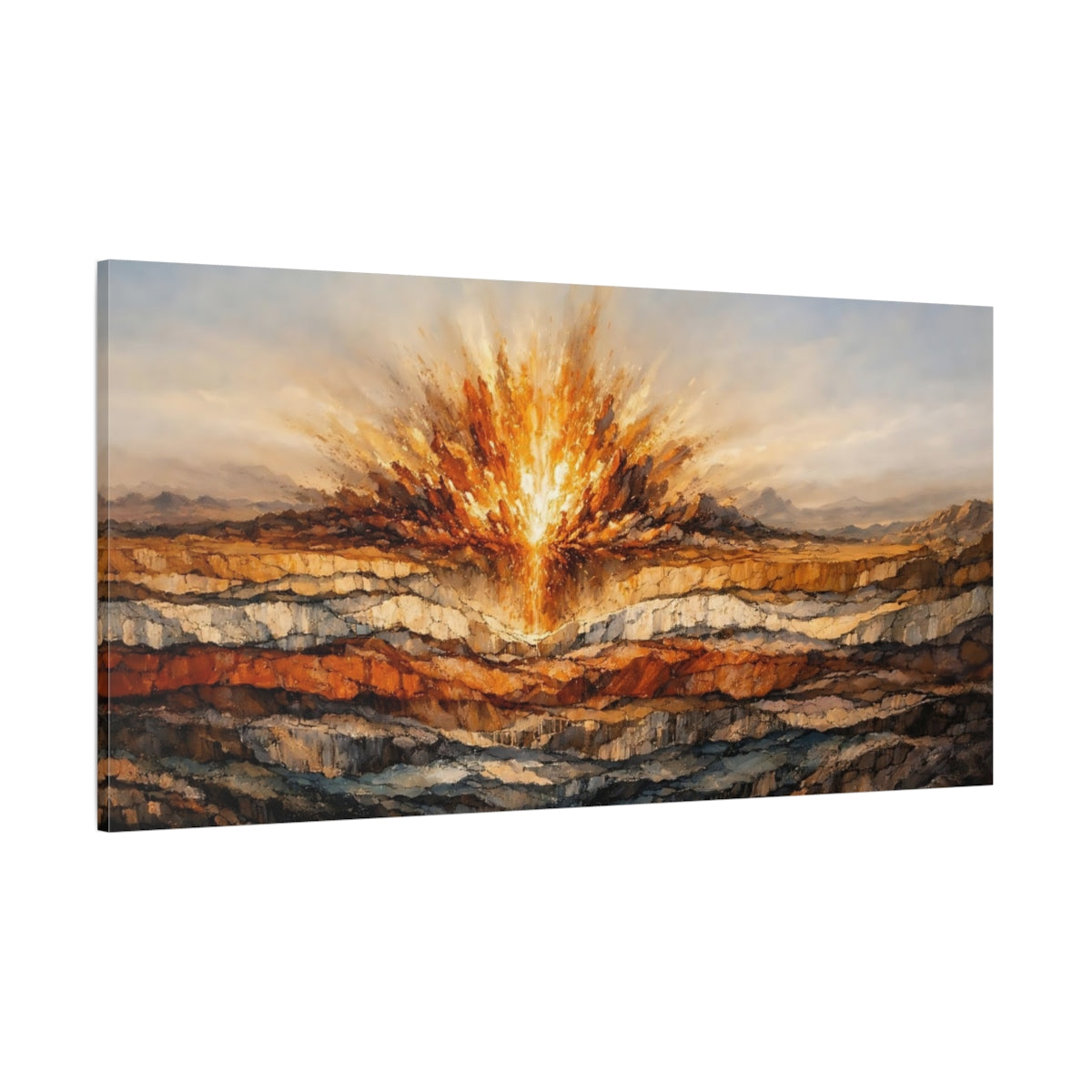 Main Mockup. Nature Energy Burst Orange And Brown shown as stretched canvas wall art