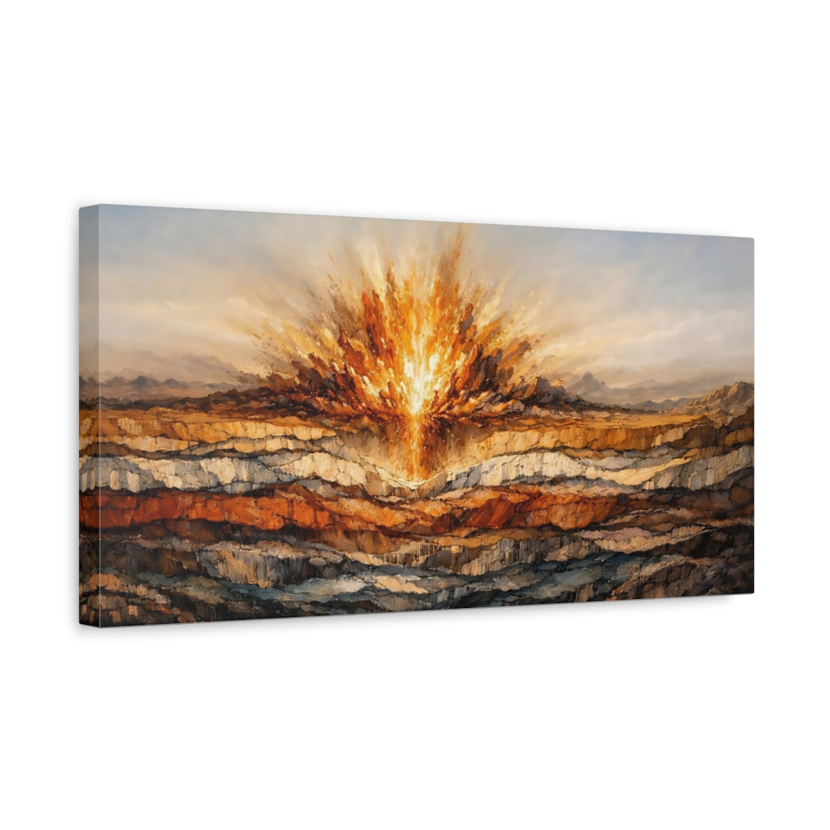 Side Mockup 3. Nature Energy Burst Orange And Brown shown as stretched canvas wall art