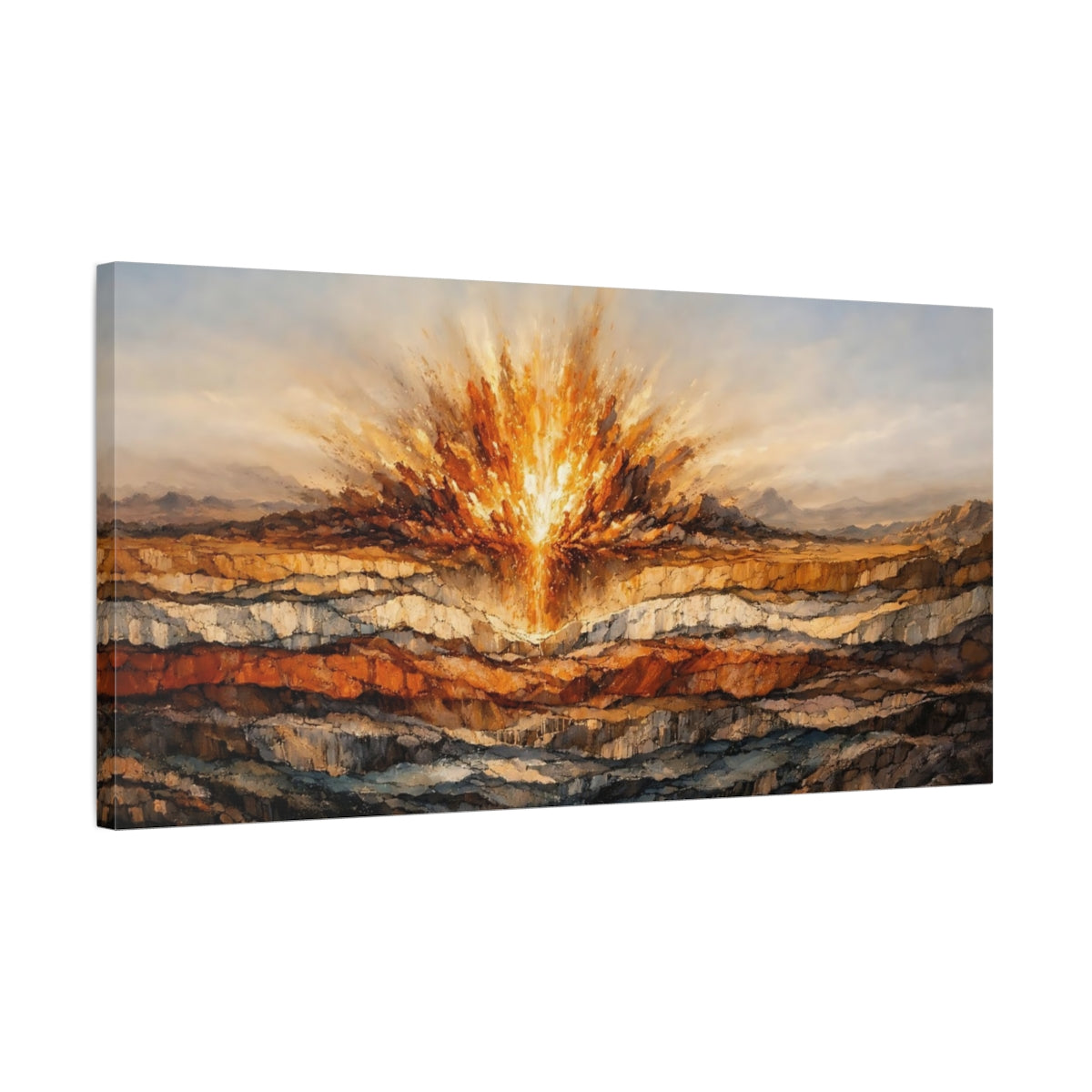 Side Mockup 2. Nature Energy Burst Orange And Brown shown as stretched canvas wall art