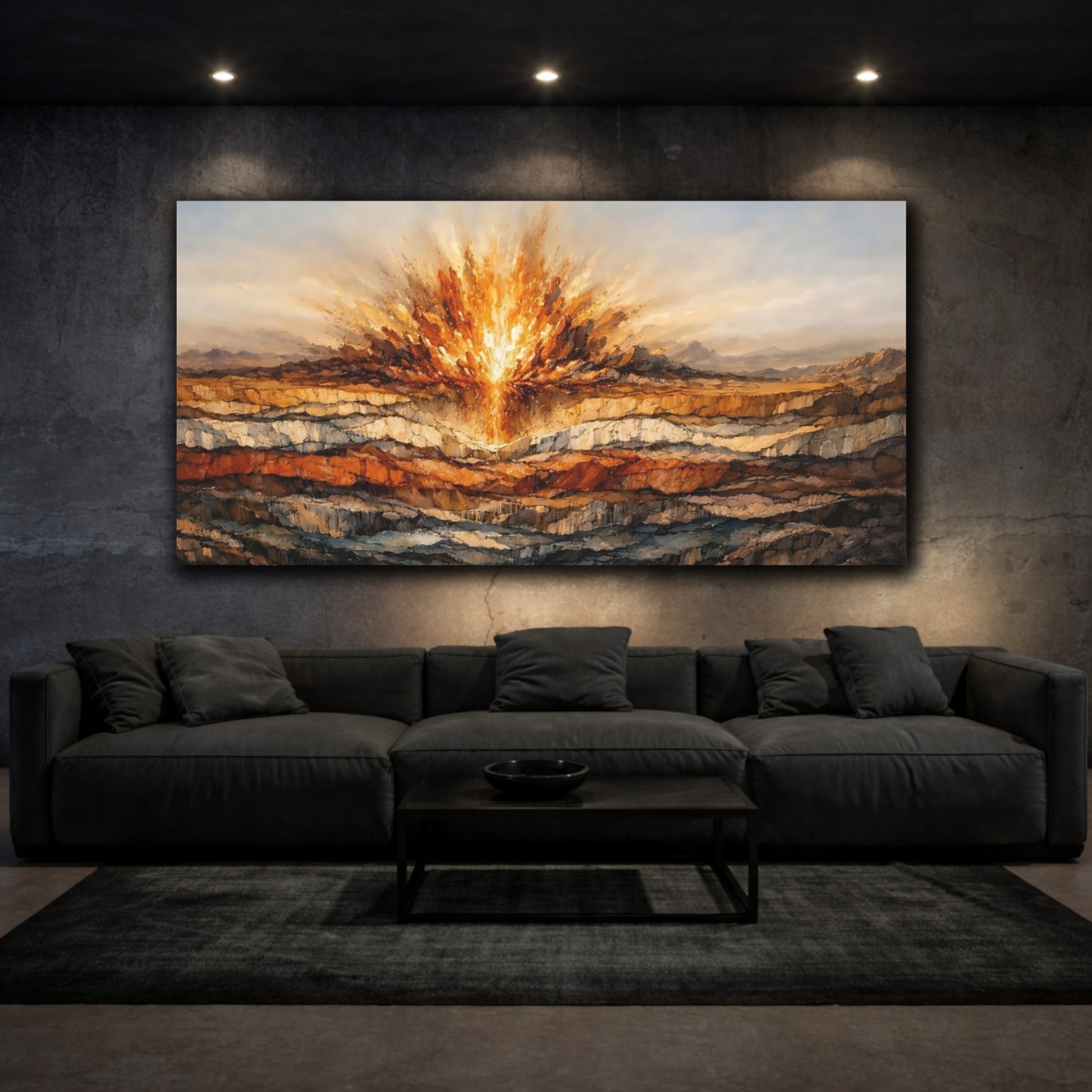 Mockup 2. Nature Energy Burst Orange And Brown shown as stretched canvas wall art