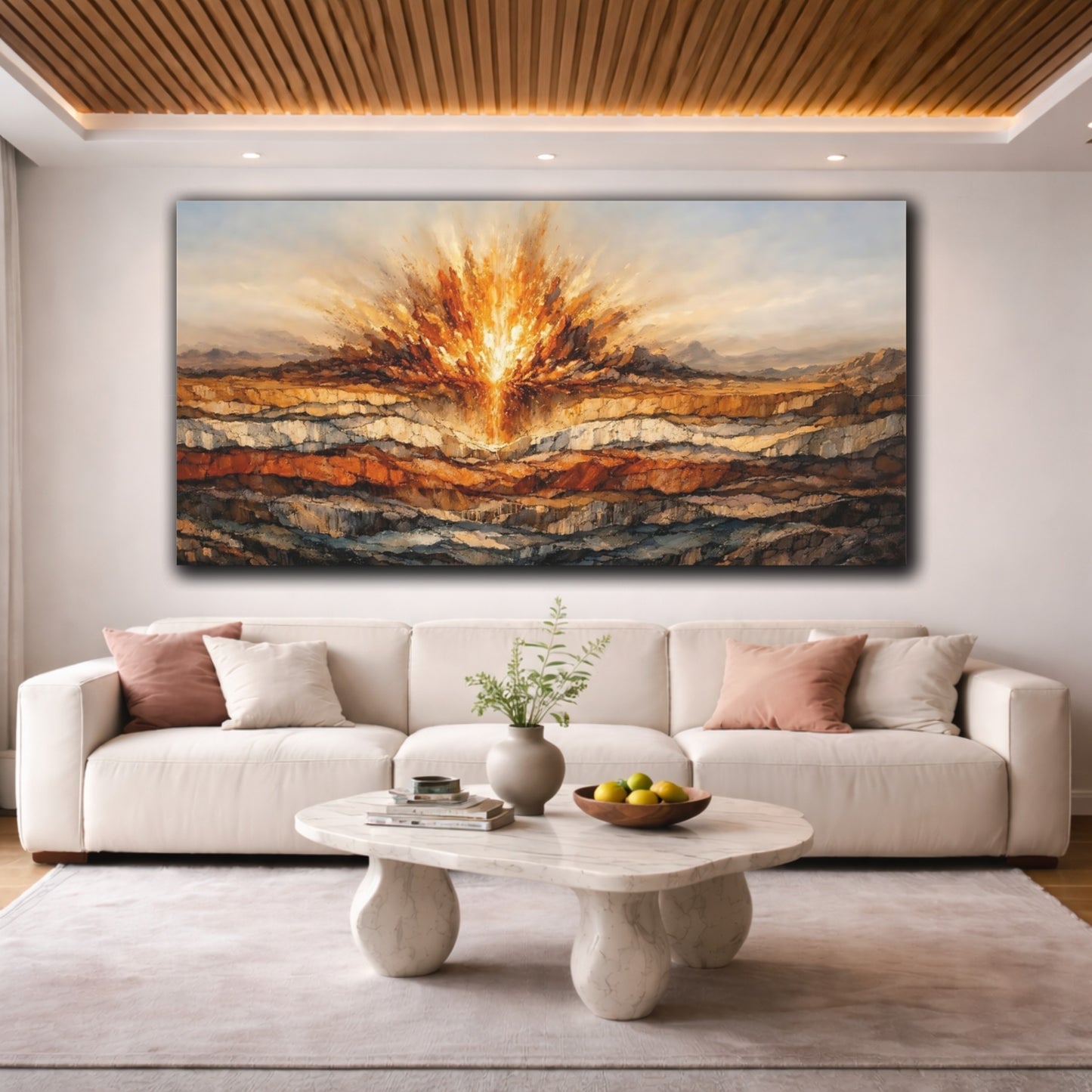 Mockup 3. Nature Energy Burst Orange And Brown shown as stretched canvas wall art