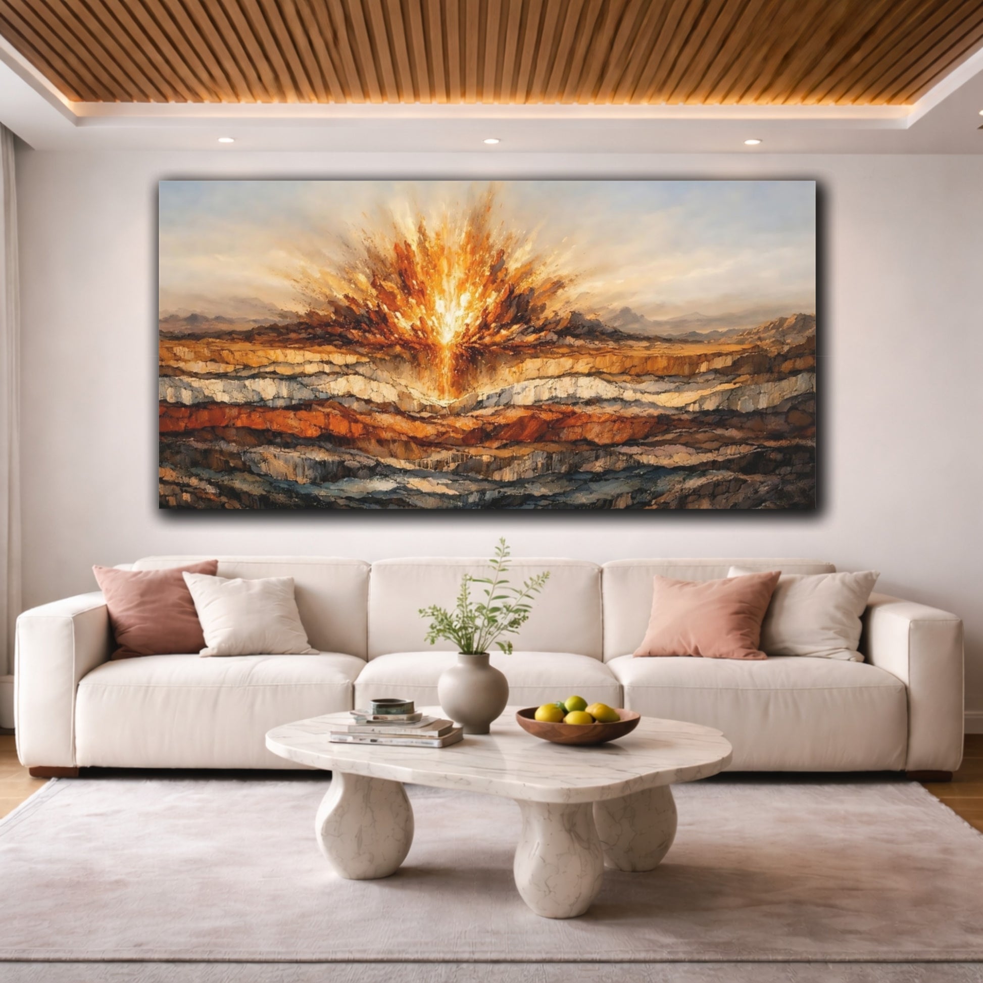 Mockup 3. Nature Energy Burst Orange And Brown shown as stretched canvas wall art