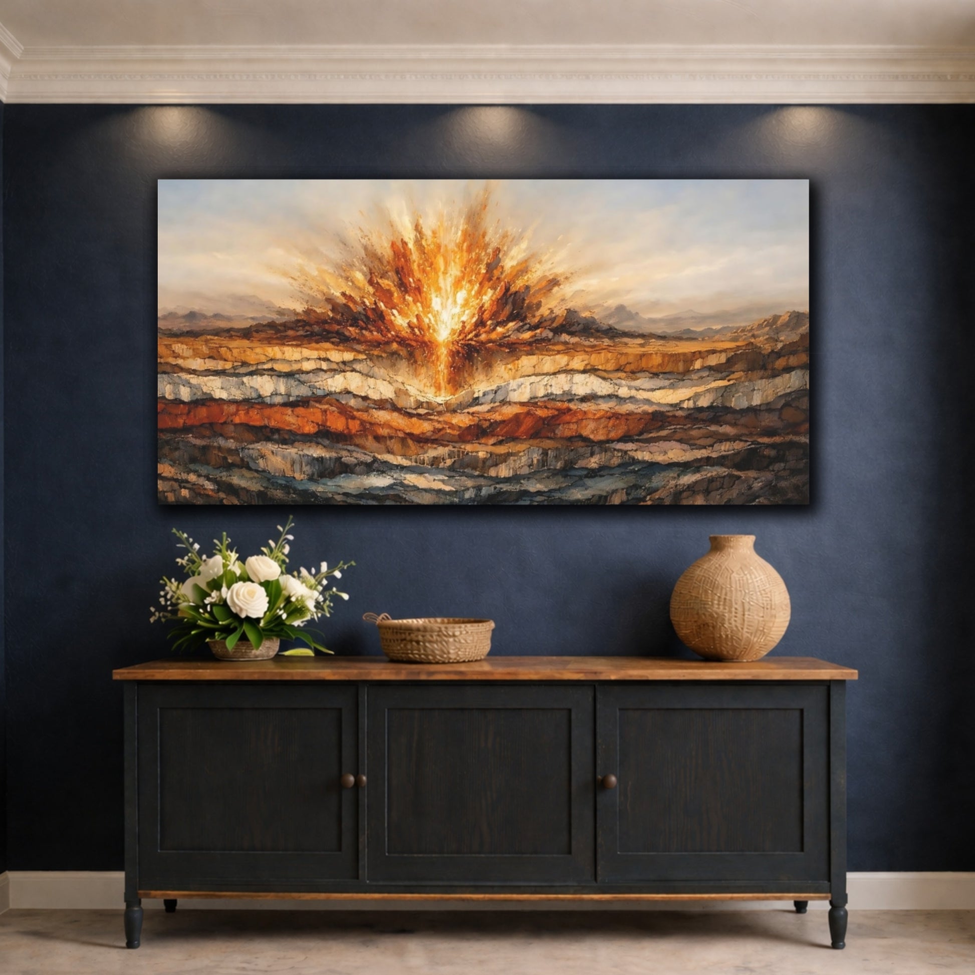 Mockup 4. Nature Energy Burst Orange And Brown shown as stretched canvas wall art