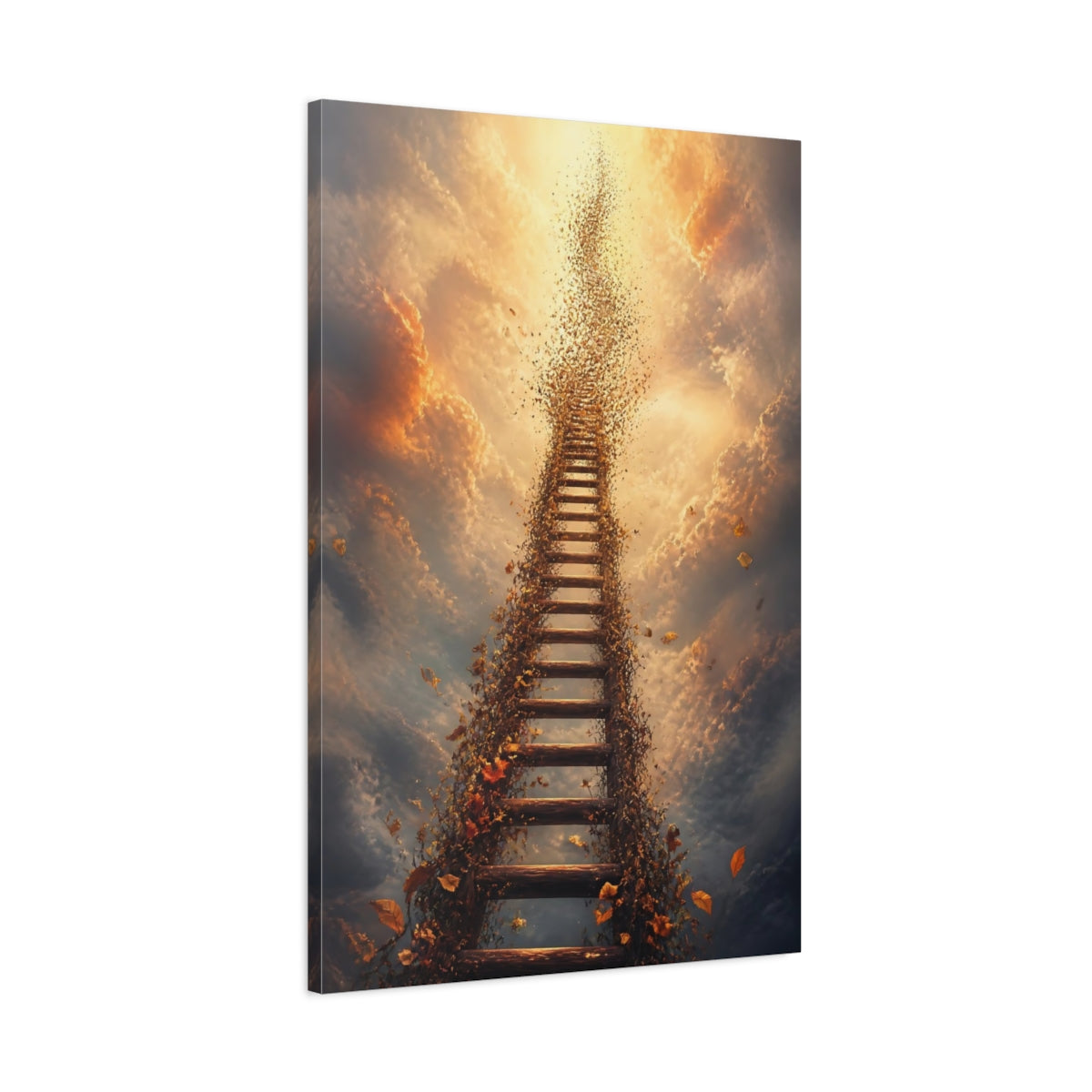 Main Mockup. Nature Ethereal Ladder Brown And Gold shown as stretched canvas wall art