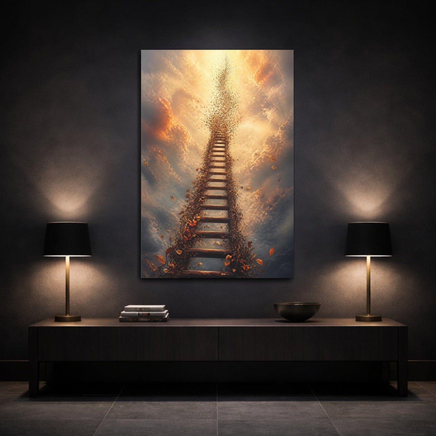 Nature Ethereal Ladder Brown And Gold Canvas Print – Surreal Decor for Living Room, Above Sofa - YesArtYes