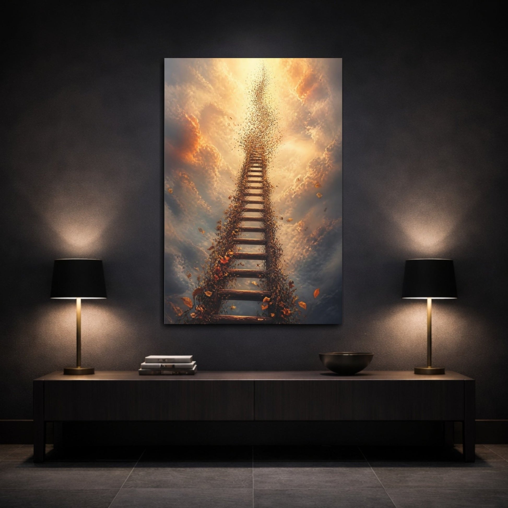 Nature Ethereal Ladder Brown And Gold Canvas Print – Surreal Decor for Living Room, Above Sofa - YesArtYes