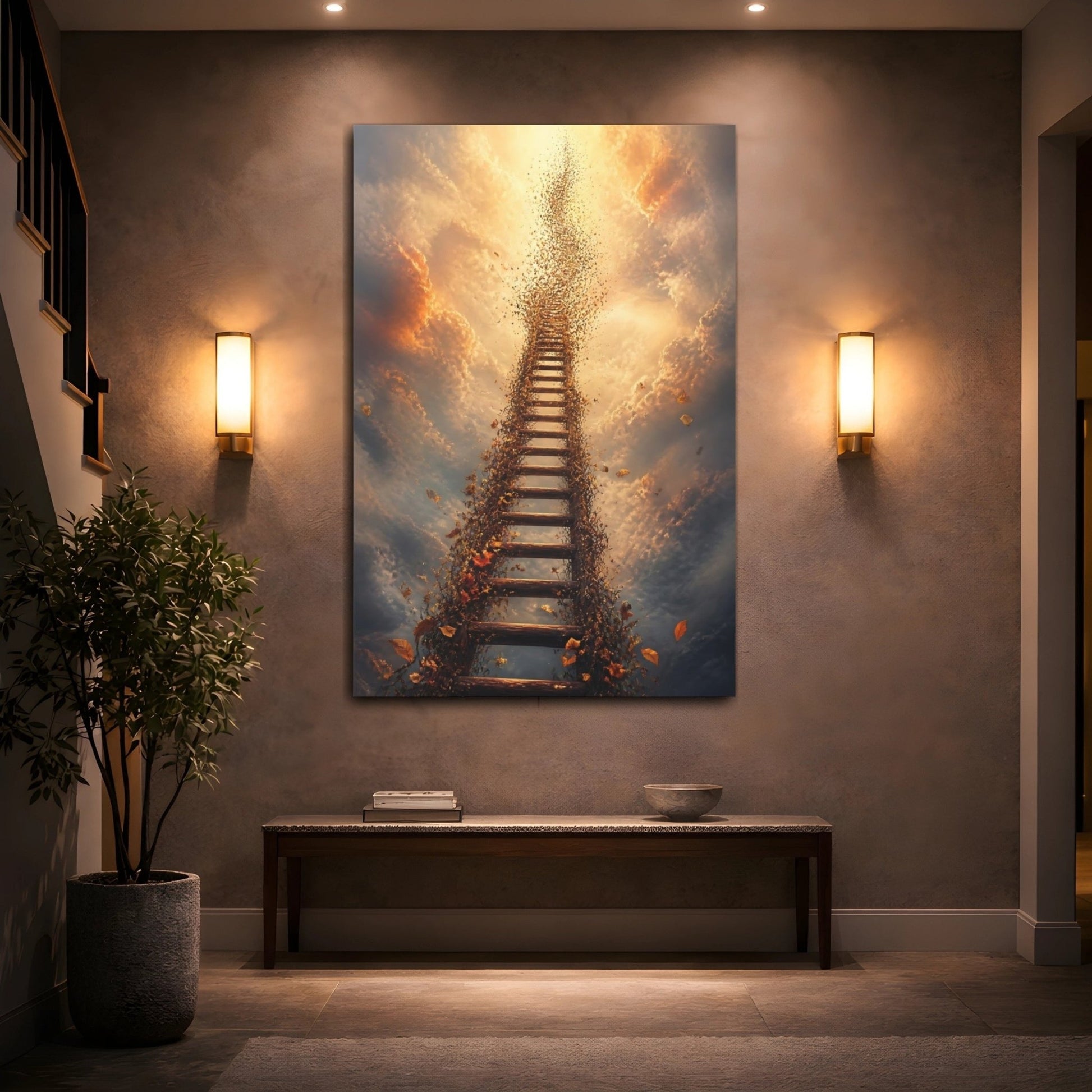 Nature Ethereal Ladder Brown And Gold Canvas Print – Surreal Decor for Living Room, Above Sofa - YesArtYes