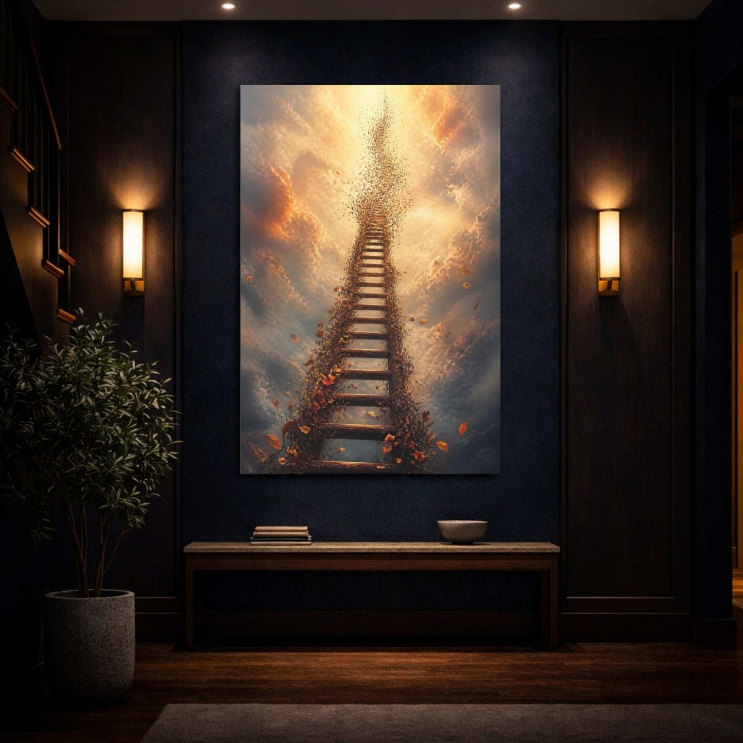 Nature Ethereal Ladder Brown And Gold Canvas Print – Surreal Decor for Living Room, Above Sofa - YesArtYes