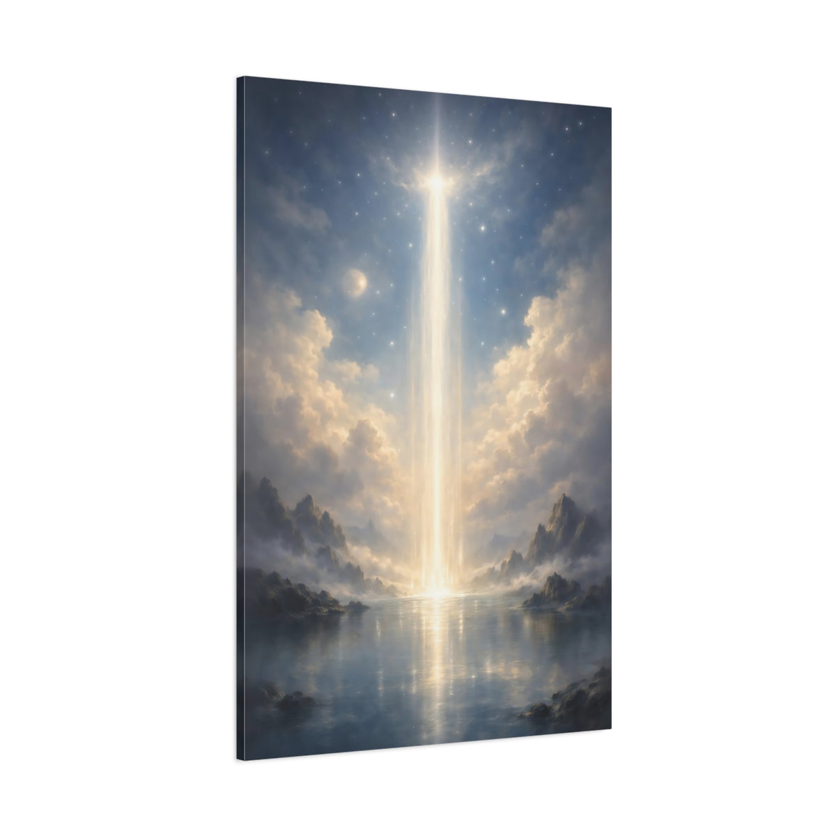 Main Mockup. Nature Ethereal Light Blue And Gold shown as stretched canvas wall art