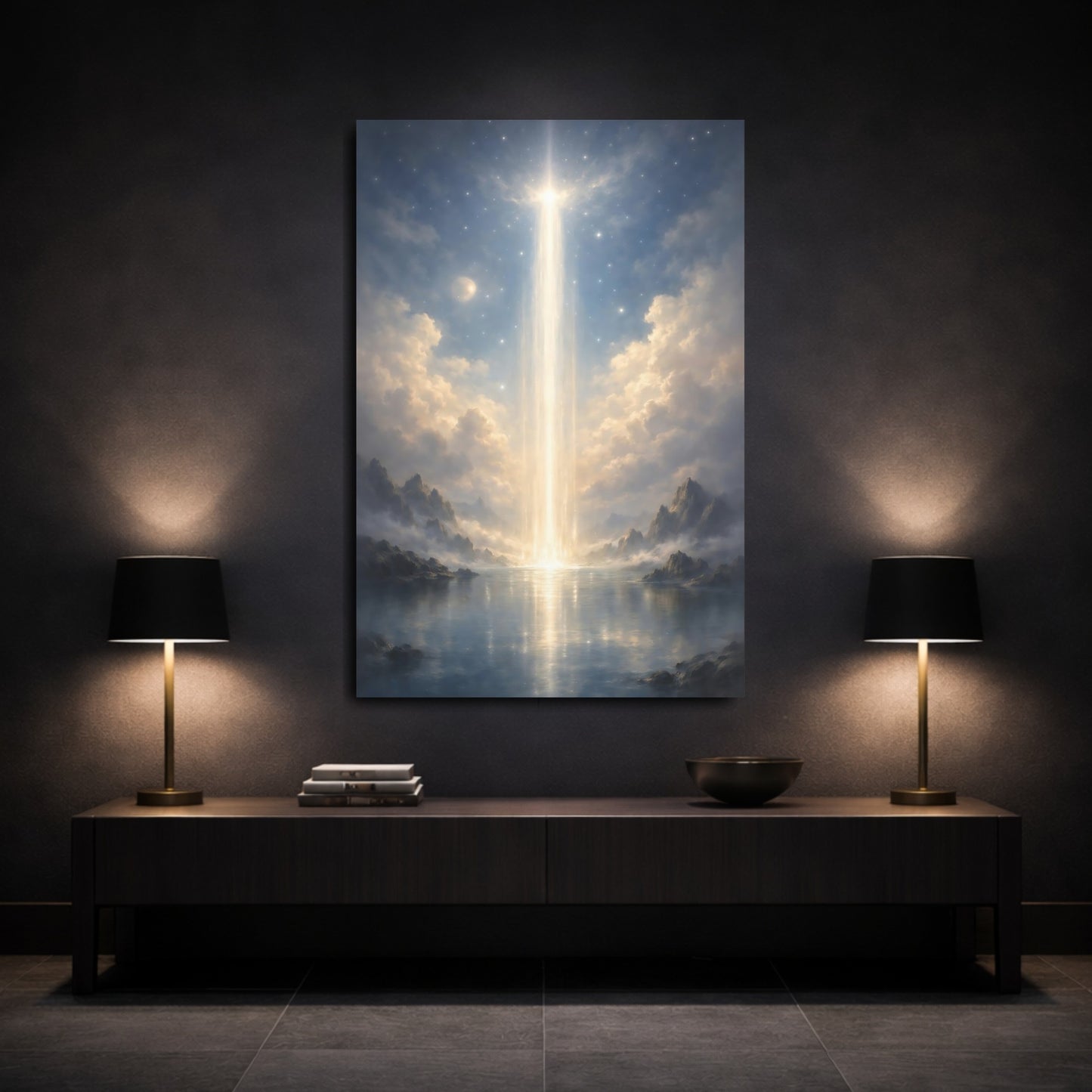 Mockup 2. Nature Ethereal Light Blue And Gold shown as stretched canvas wall art