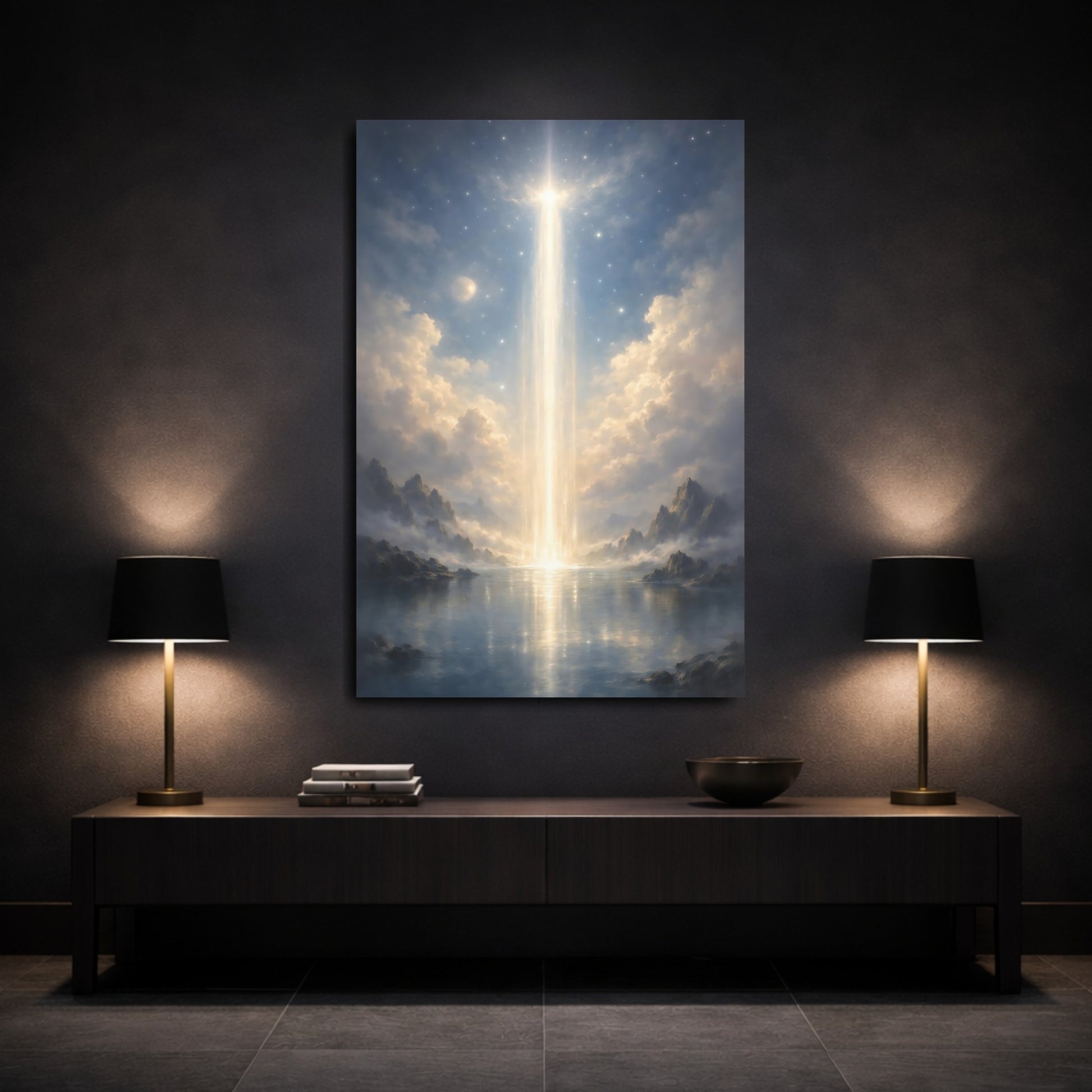 Mockup 2. Nature Ethereal Light Blue And Gold shown as stretched canvas wall art