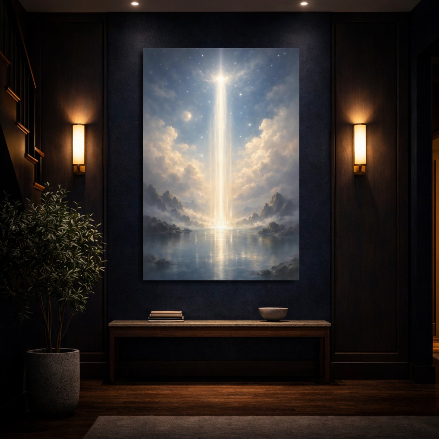 Mockup 3. Nature Ethereal Light Blue And Gold shown as stretched canvas wall art
