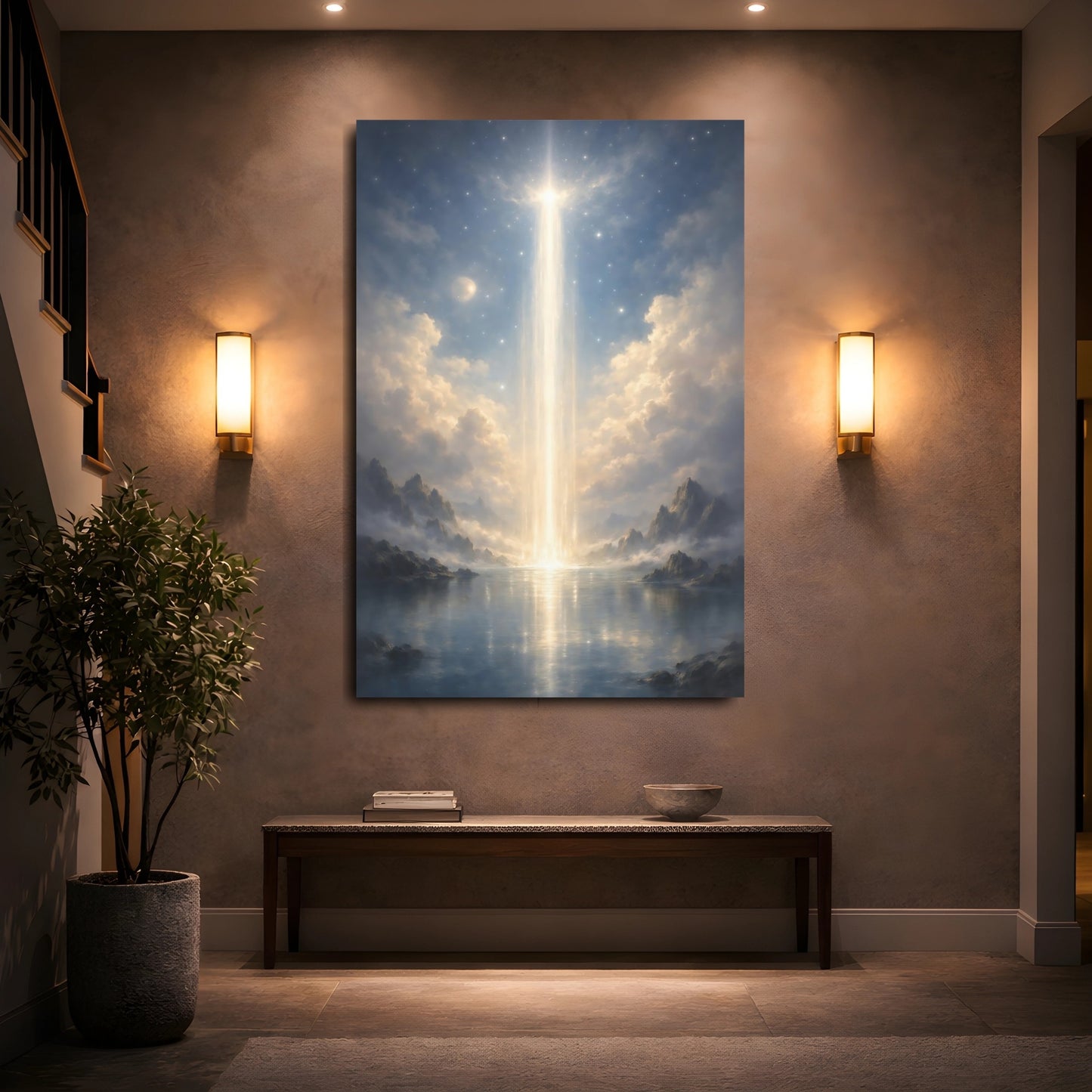 Mockup 4. Nature Ethereal Light Blue And Gold shown as stretched canvas wall art