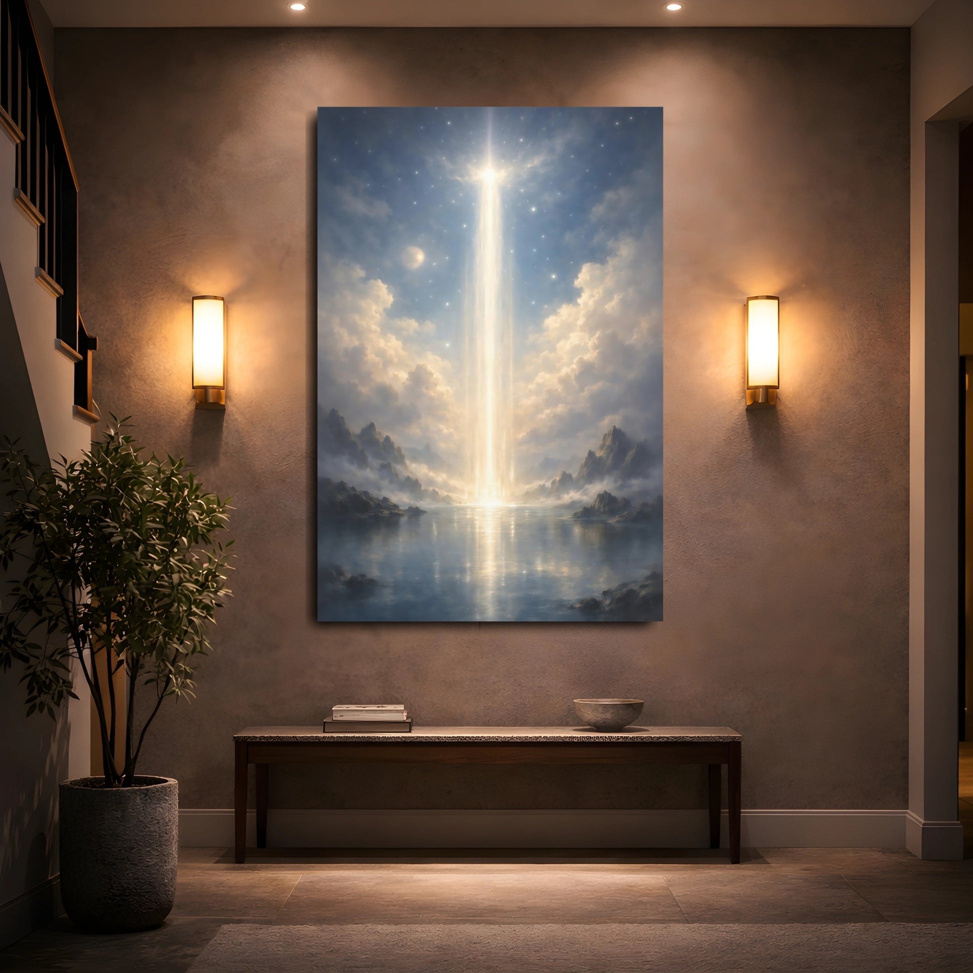 Mockup 4. Nature Ethereal Light Blue And Gold shown as stretched canvas wall art